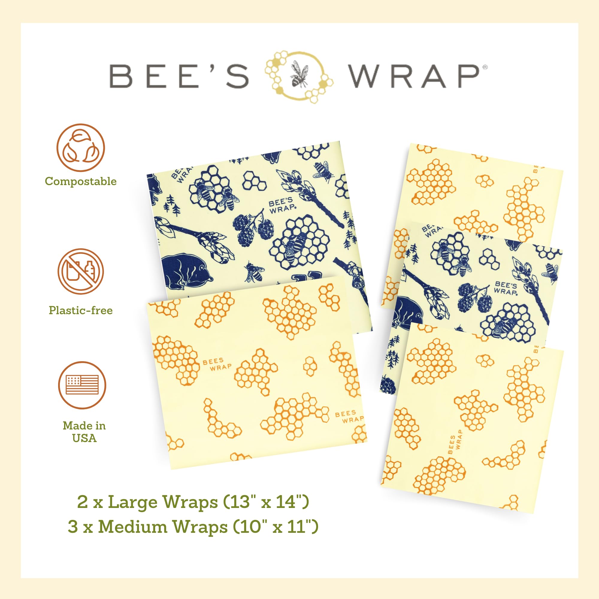 Bee's Wrap Involucri in cera d'api per alimenti, realizzati negli Stati Uniti, riutilizzabili e biologici, alternativa ecologica al foglio di alluminio, a nido d'ape e api + orsi, confezione da 5 (2 l