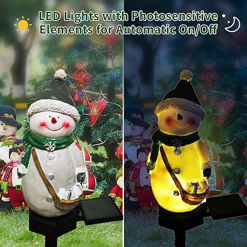 Miniatura 3 de QH & Garden Luces solares de muñeco de nieve de resina impermeables para exteriores, luces de estaca de jardín de Navidad para decoraciones de