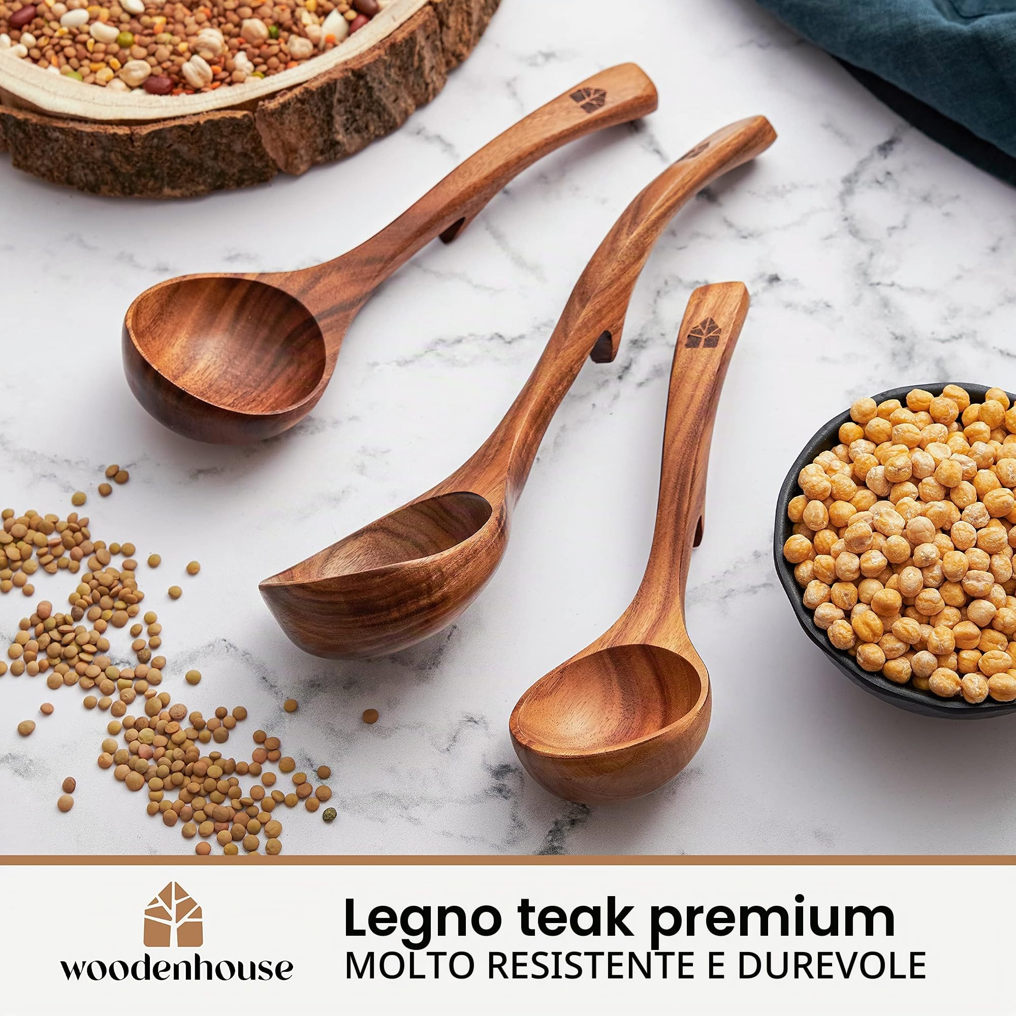 Set Mestoli Cucina Legno, Mestolo Zuppa, Antigraffio, Fatti a Mano con Ganci, Mescolare e Servire Alimenti, Minestre e Zuppe, 3 pezzi