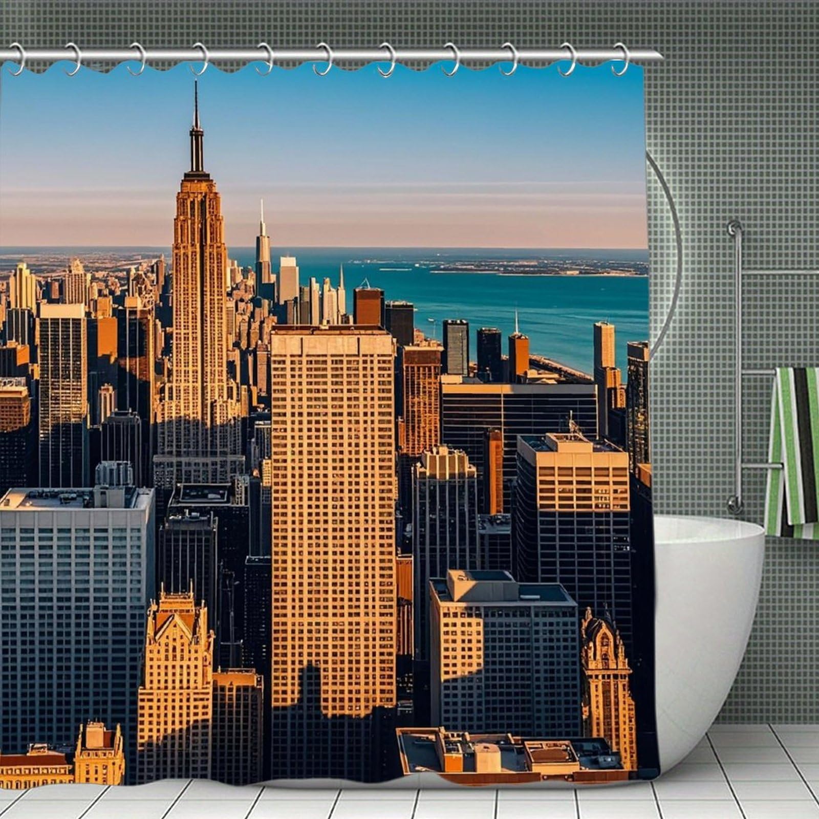 QMNLKH High Rise Buildings Skyscrapers Shower Curtain with Hooks, Waterproof Bath Curtains for Bathroom, Lightweight Bath Curtains Liner for Hotel, Personalized Bath Curtain for Spa, 70.8 Inch
