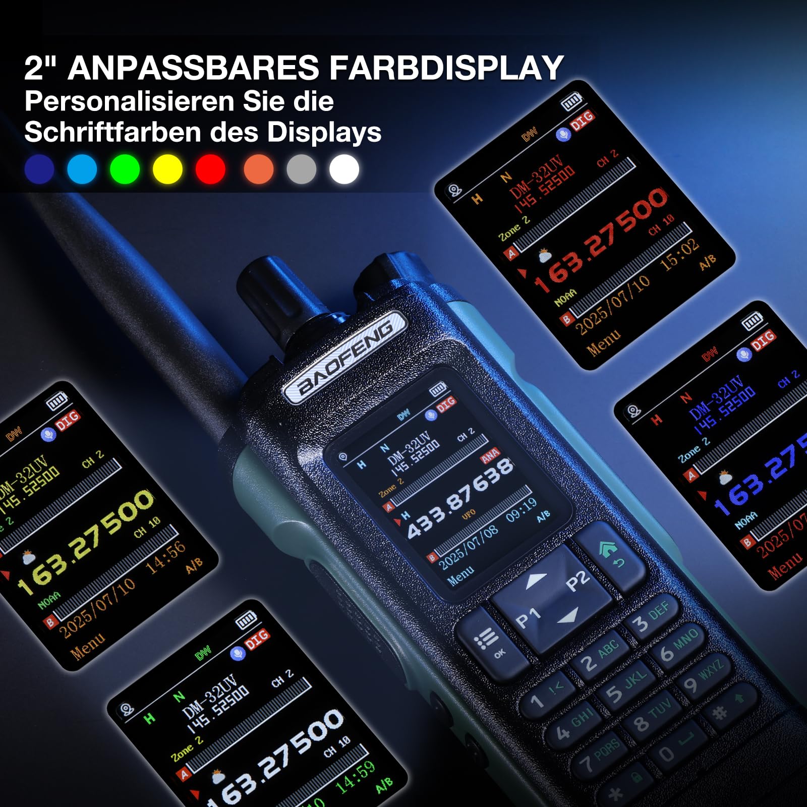 BAOFENG DM-32UV 10W DMR Funkgerät, UHF/VHF/AM/FM Handfunkgerät mit GPS & Digitalem APRS, Tier II Dual Slot, 2" Farbdisplay, 4000 Kanäle, 50K Kontakte, Kofferhalter, Grün