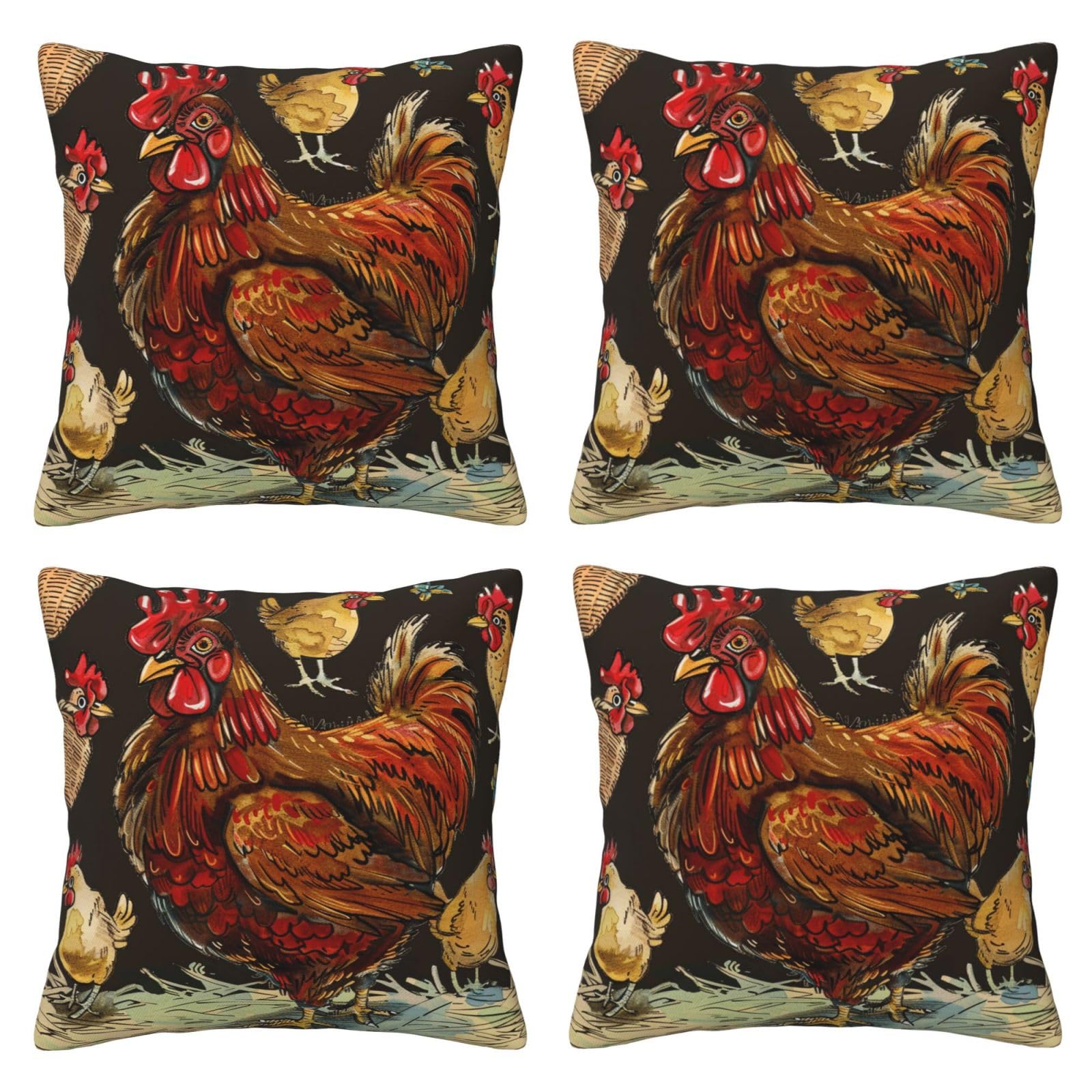 Chicken Print Throw Pillow Cases 4 Pack Square Pillowcases Super Soft Pillow Protectors With Zipper for Couch Livingroom Sofa Bed Office Car,50x50 CM