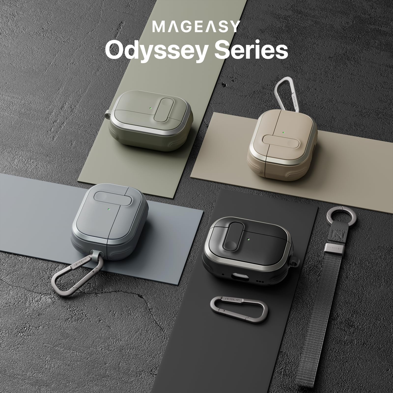 MAGEASY Odyssey - Custodia per AirPods Pro 2, con chiusura di sicurezza, clip a moschettone e cinturino da polso, per viaggi (metallo blu grigio)