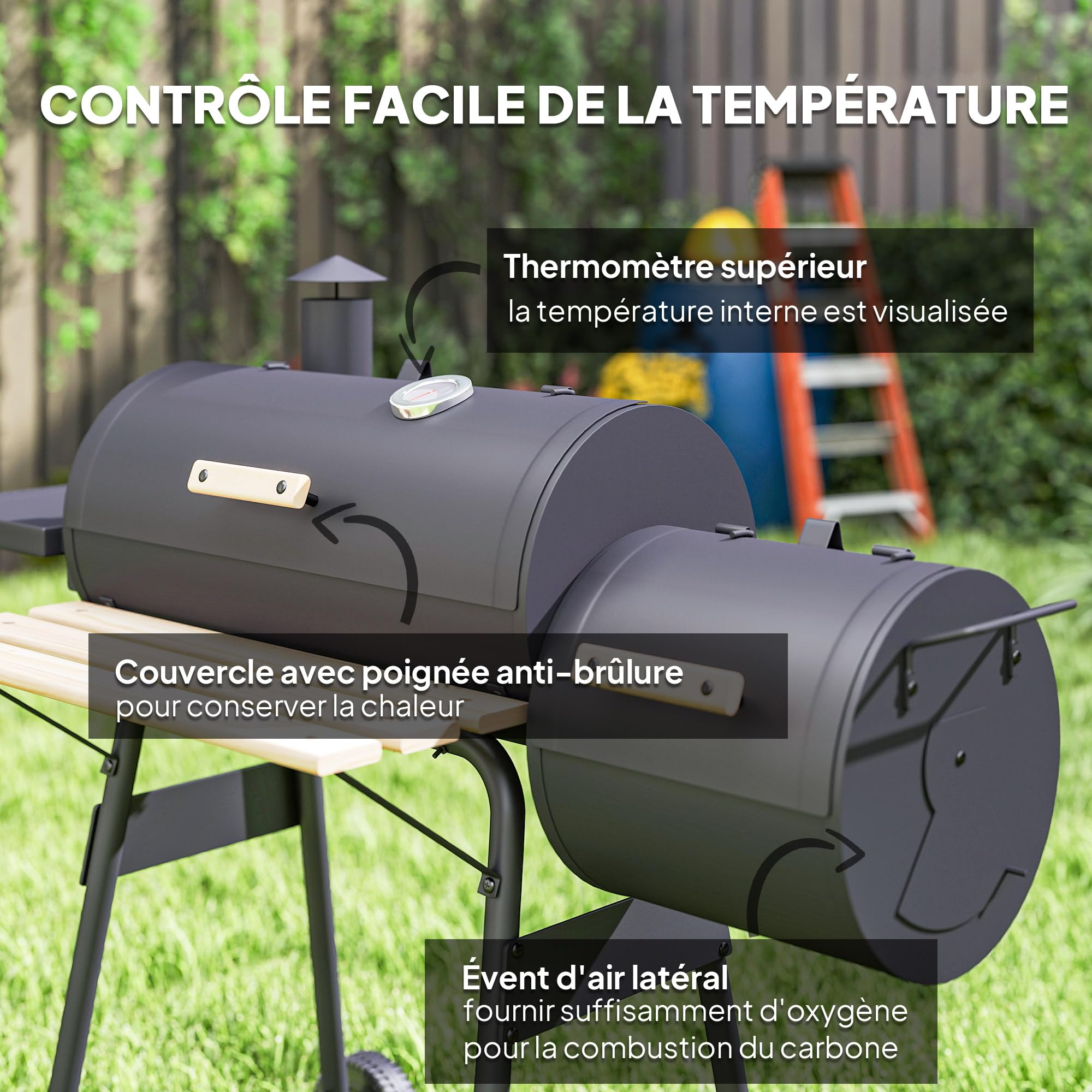 Outsunny Grill na węgiel drzewny grill wędzarniczy na stojąco z pokrywą, kółkami, termometrem, półkami ze stali walcowanej na zimno czarny