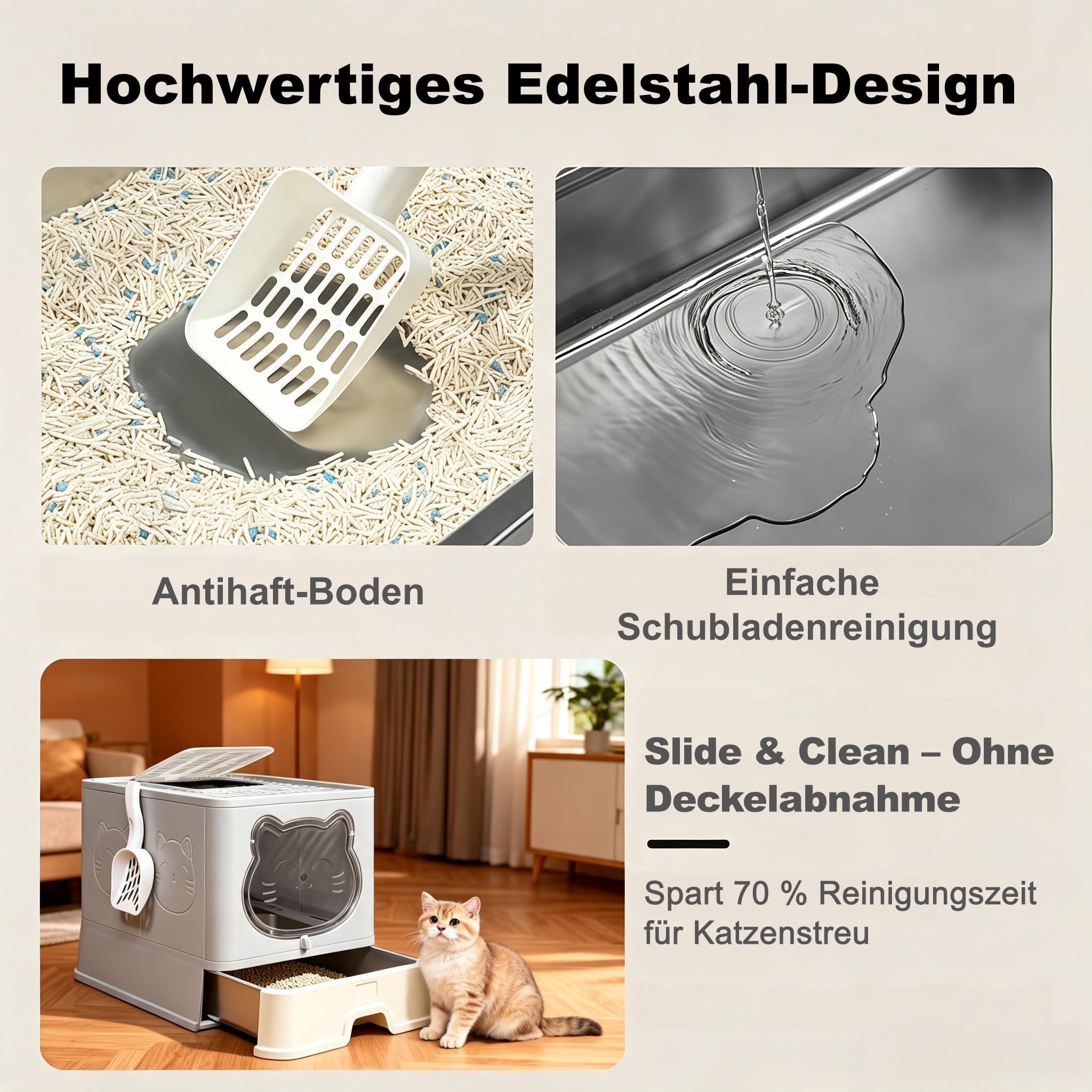 Geschlossenes Edelstahl-Katzenklo mit Deckel und Schublade | Geruchsabdichtendes XL Katzentoilette inkl. Schaufel & Streumatte Grau