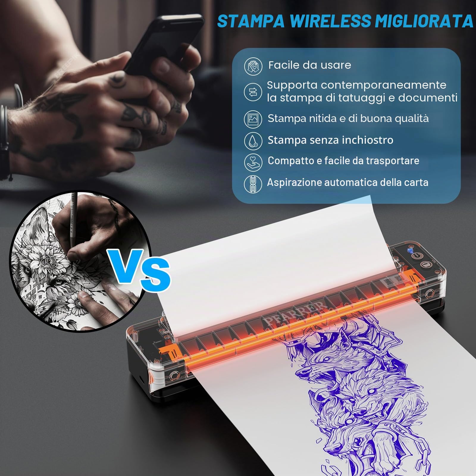 PFARRER Stampante stencil tattoo, stampante termica senza fili, per trasferimento di tatuaggi, stampante termica portatile con 10 fogli di carta di trasferimento T106P-EU