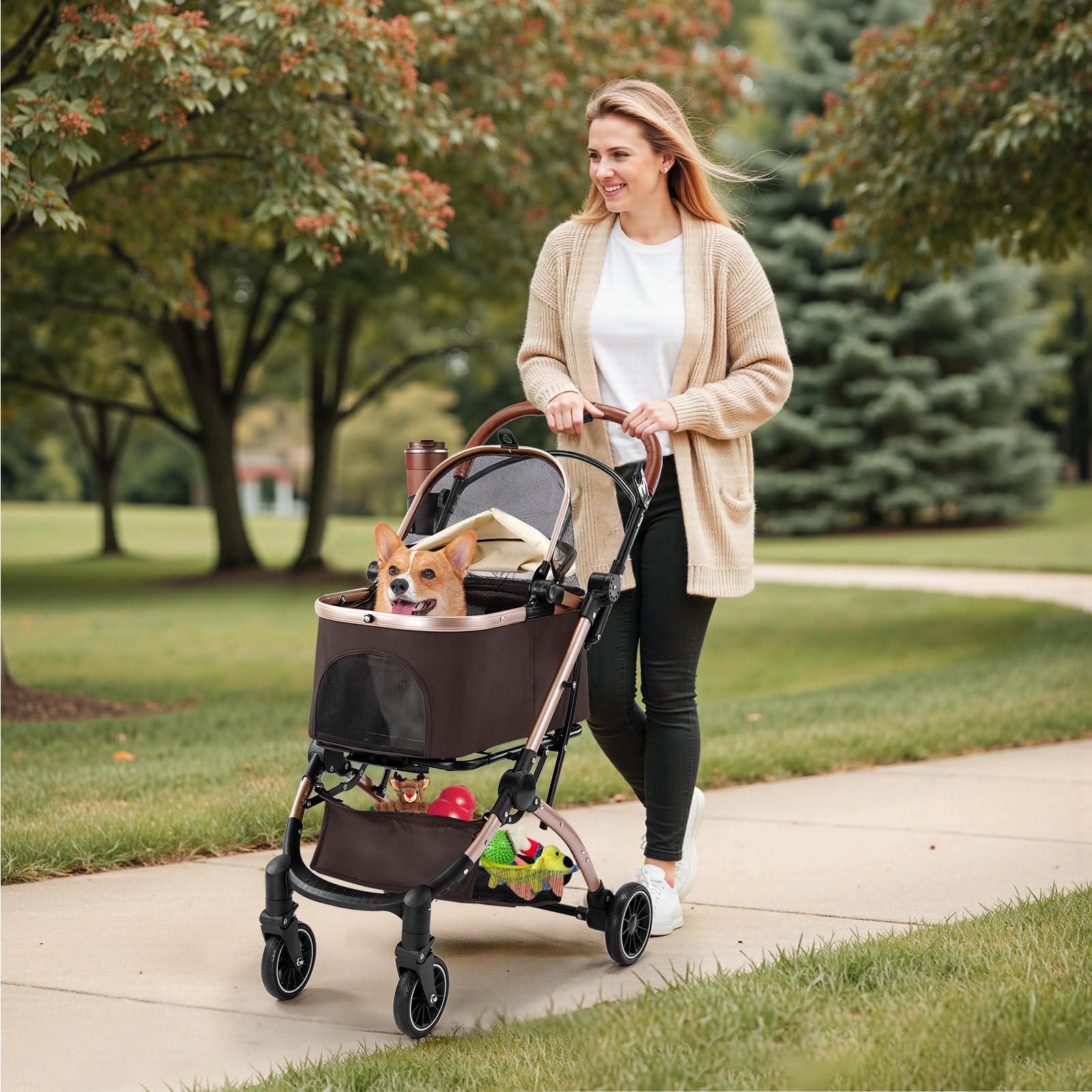 Gimars Passeggino Pieghevole per Cani Gatti 4 in 1 fino a 20 kg, Passeggino Cane con Trasportino Staccabile Cestello, Ruote Anteriori 360°, Parapioggia Freni Portabicchieri Cestino Portaoggetti, Cachi