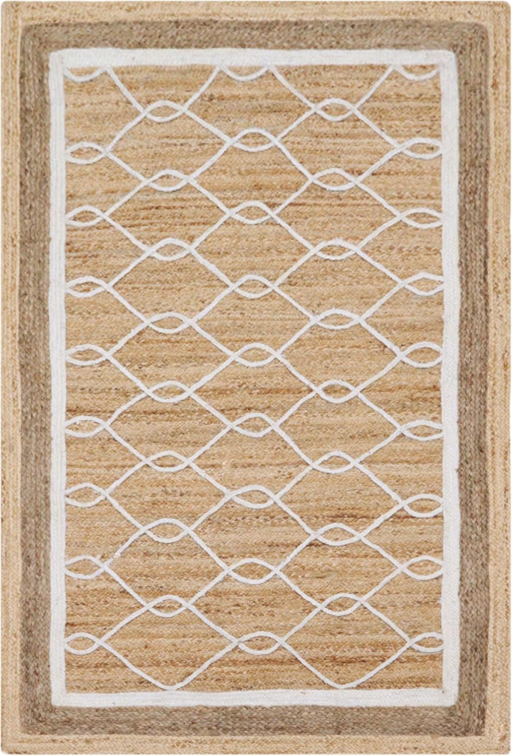 Square Area Rug 3′ Hand Braided Jute Flatweave Beige White Design Handmade Boho Thick 0.27″ Geometric Pattern Carpet Sisal Jute Rug Indoor Outdoor Use Rugs for Kitchen, Bedside, Yoga Mat