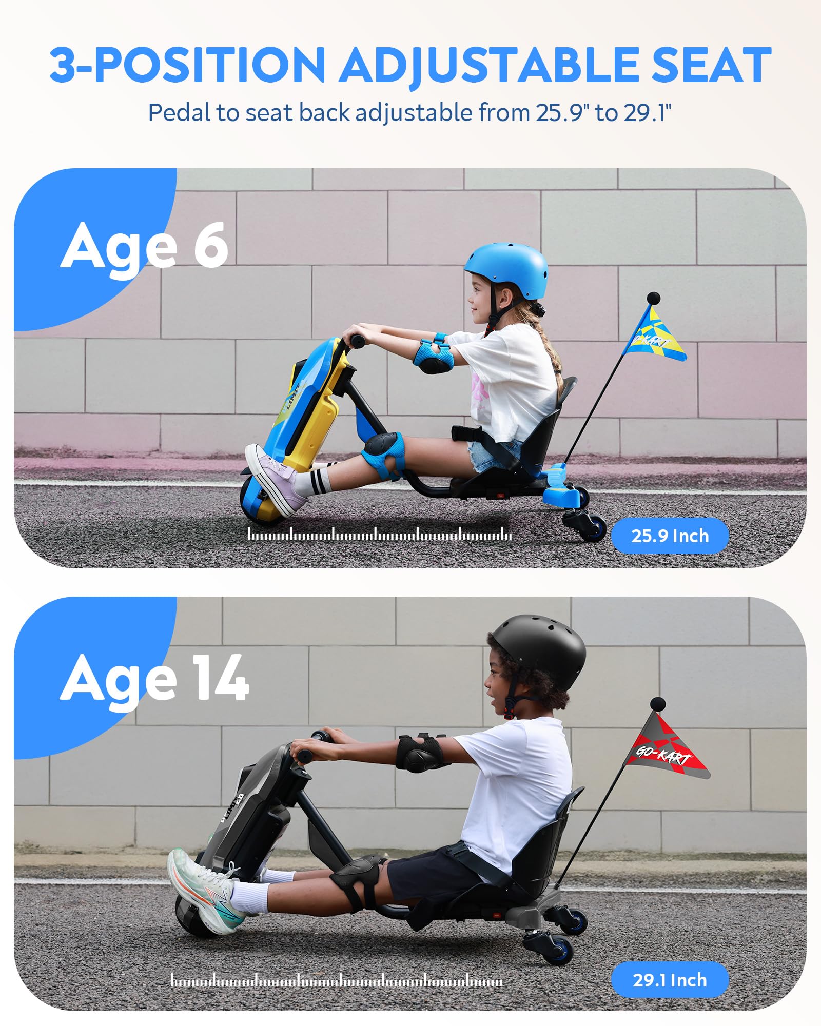 Electric Go Kart for Kids Ages 6-12- 12V Drifting Go Cart Shift - 360° Spin, Twist Grip, Stepless Speed, Max 5 MPH, 3 Adjustable Seat, Music, Bluetooth, Drift Kart for Rider up to 132 lbs, Blue