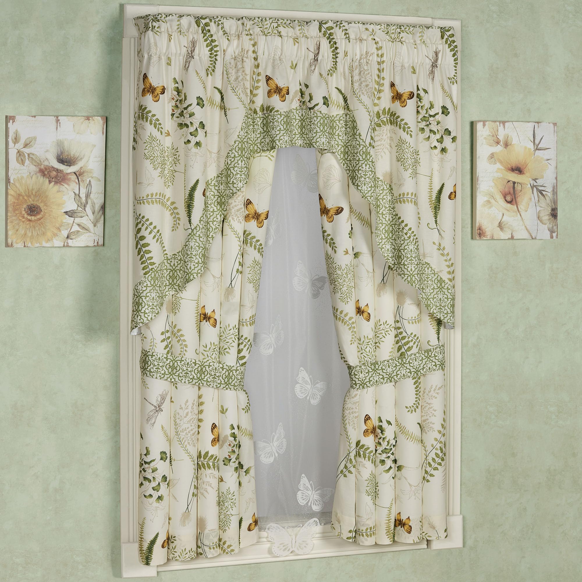 Butterfly Eden Cotton Window Treatment | Rod Pocket | Nature Medallion Butterfly Dragonfly Fern Leaves | Eggshell, Gold Yellow, Green | 2 Piece Set Includes: 63L Curtain Pair and Contour Swag Valance