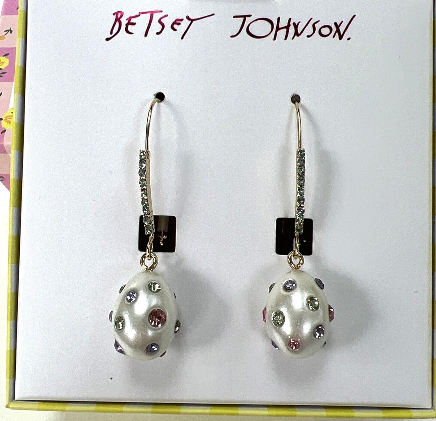 Betsey Johnson Gold Tone White Faux Pearl Egg Shaped Drop Earrings Crystal Great Easter Gift Idea Mother's Day Valentine's Day Birthday Present New Year XMAS GIFTS Unique Accessories Jewelries