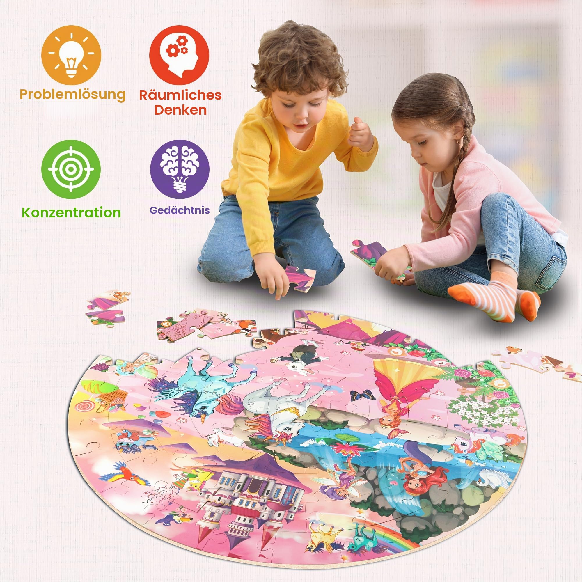 SYNARRY Große Einhorn Prinzessin Boden Puzzle für Kinder ab 3 4 5 6 7 8 Jahren, 70 Teile Kinderpuzzle Einhorn Holz, Lernspielzeug Spiele Geschenk für Jungen Mädchen