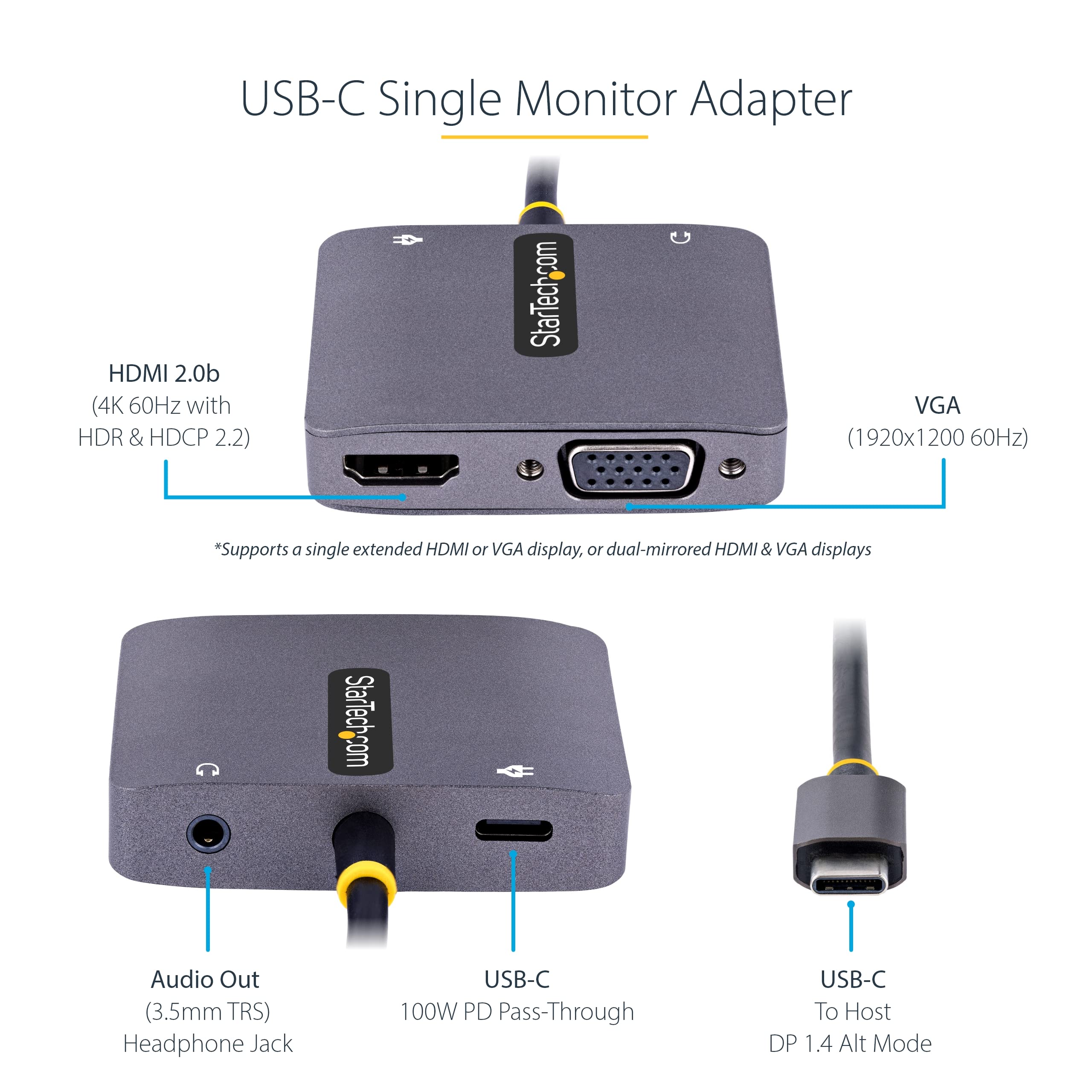 StarTech.com Adaptador de Vídeo USB C, Adaptador Multipuertos USB Tipo C a HDMI VGA con Salida de Audio de 3,5mm, HDR 4K a 60Hz, PD 3.0 de 100W, Compatible con Thunderbolt 3/4 (122-USBC-HDMI-4K-VGA)