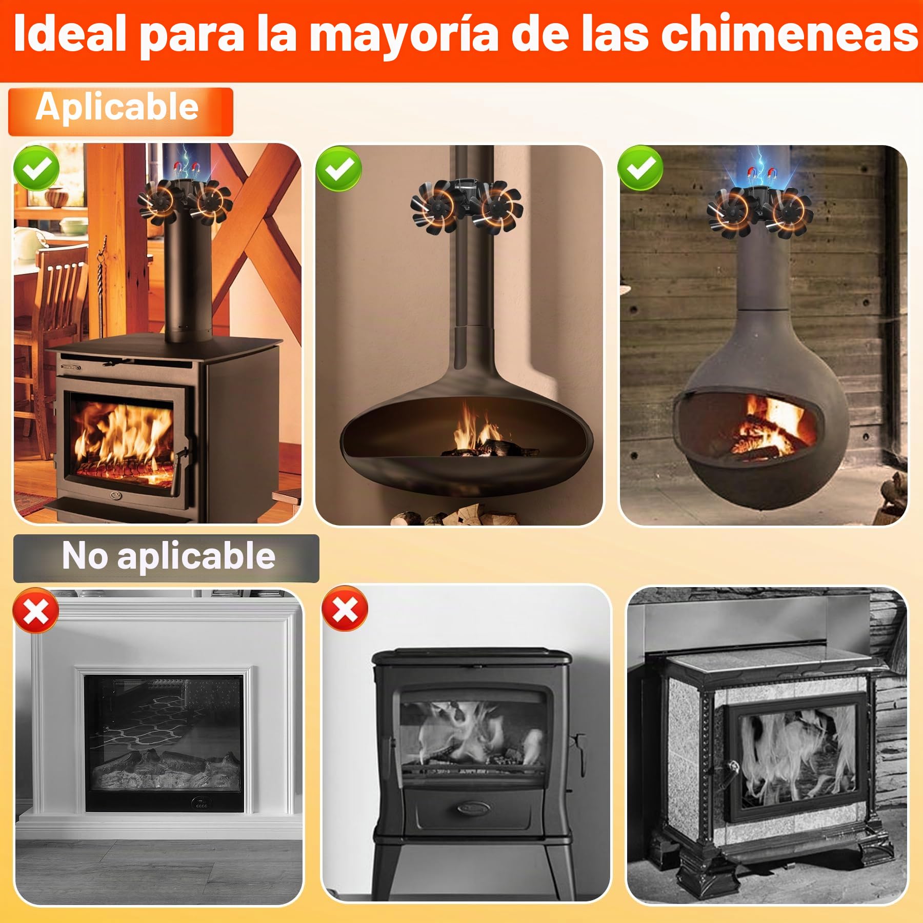 Tomersun Ventilador de chimenea magnético, sin electricidad, con 16 hojas, silencioso, para leña, chimenea, chimenea, chimenea, tubo de estufa, con termómetro y 1 anillo de repuesto