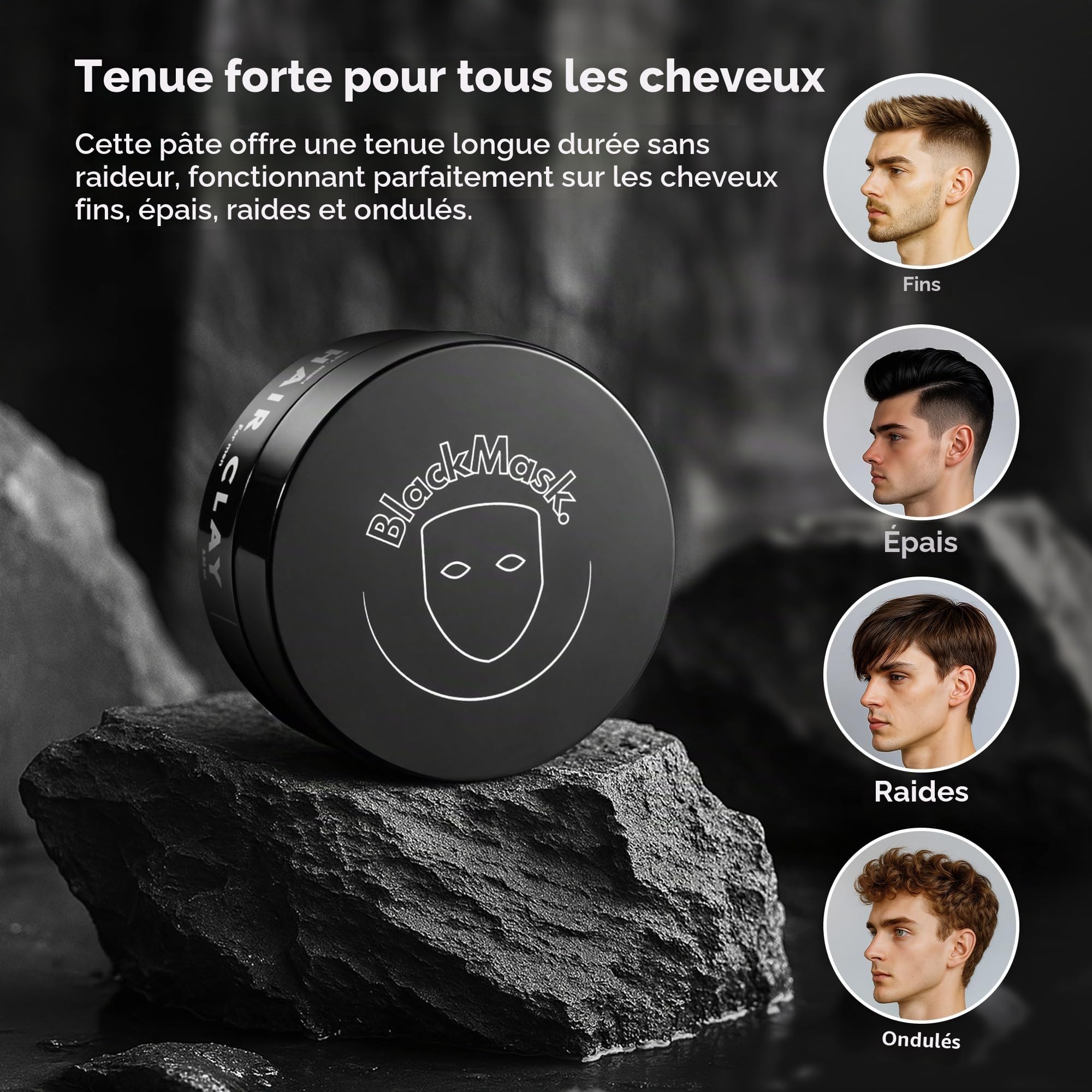 BlackMask Argile capillaire pour homme, facile à appliquer – Ajoute instantanément de la texture et du volume, finition mate, tenue solide, argile coiffante