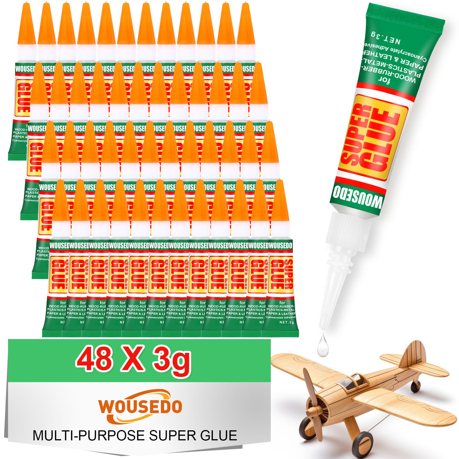WOUSEDO 48 X 3g Super Glue Clear, Strong Adhesive,Super Glue Fast Drying Cyanoacrylate Glue for Wood,Rubber,Leather, Plastic, Metal, Rhinestone