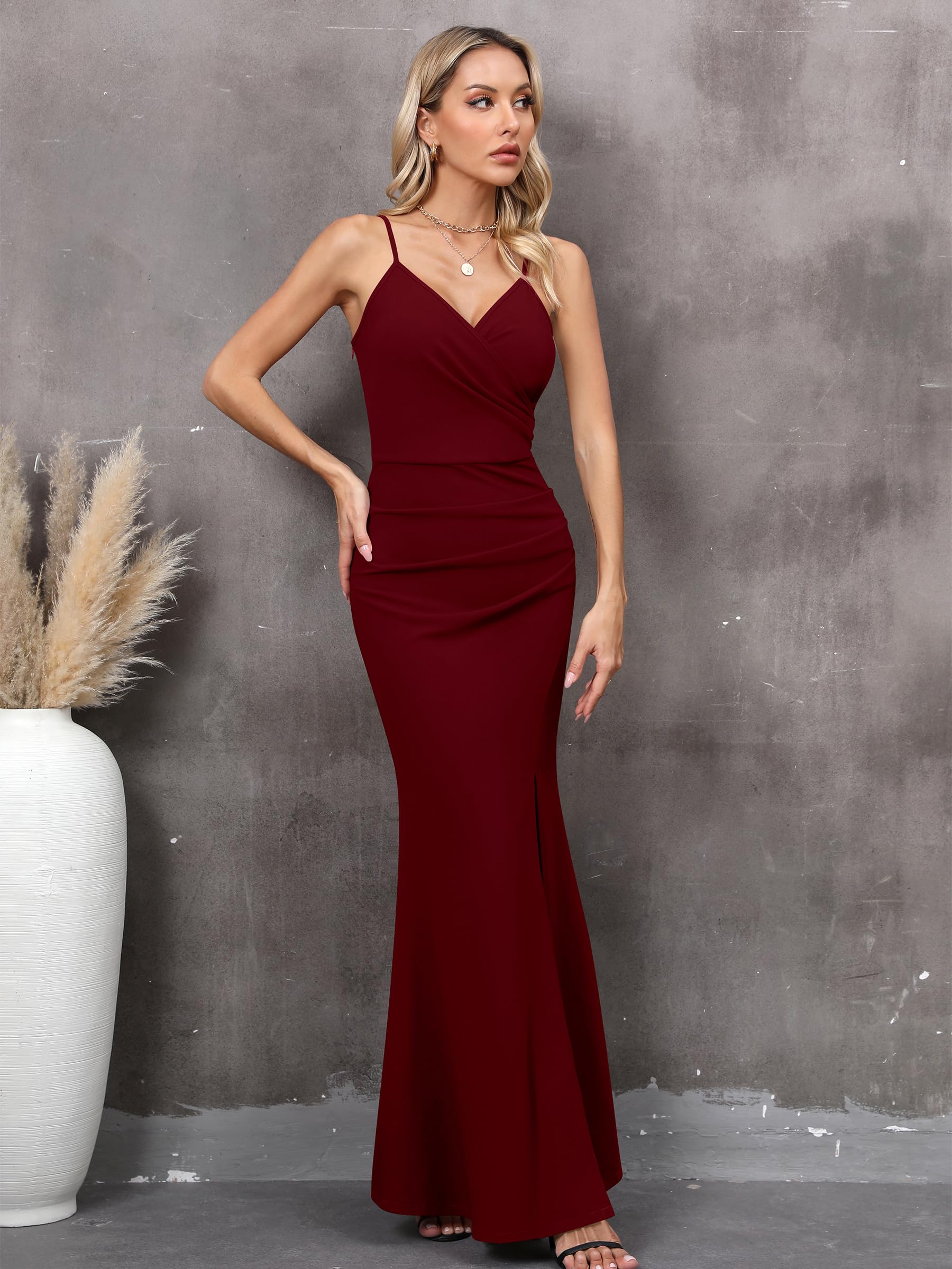 Missufe Schlitz Cocktail Maxi Lang Abendkleider Damen Partykleid Spaghettiträger Ärmellos Wickelkleid Hochzeit Ballkleid (Burgunderrot – Bild 4
