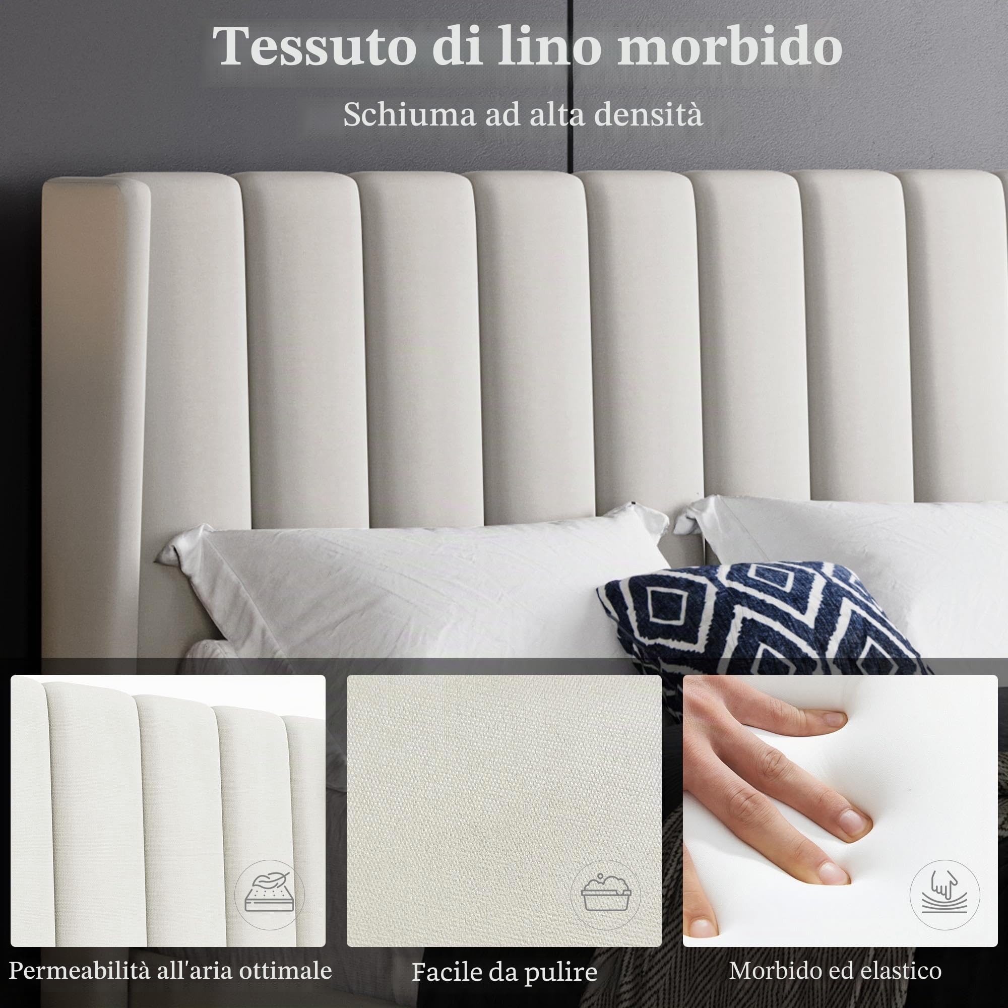 Yaheetech Struttura Letto Imbottito Matrimoniale Doghe Legno | Letto Matrimoniale 140x200 cm Beige con Testiera a Strisce Resistente Silenzioso Struttura Stabile Design Moderno Comfort