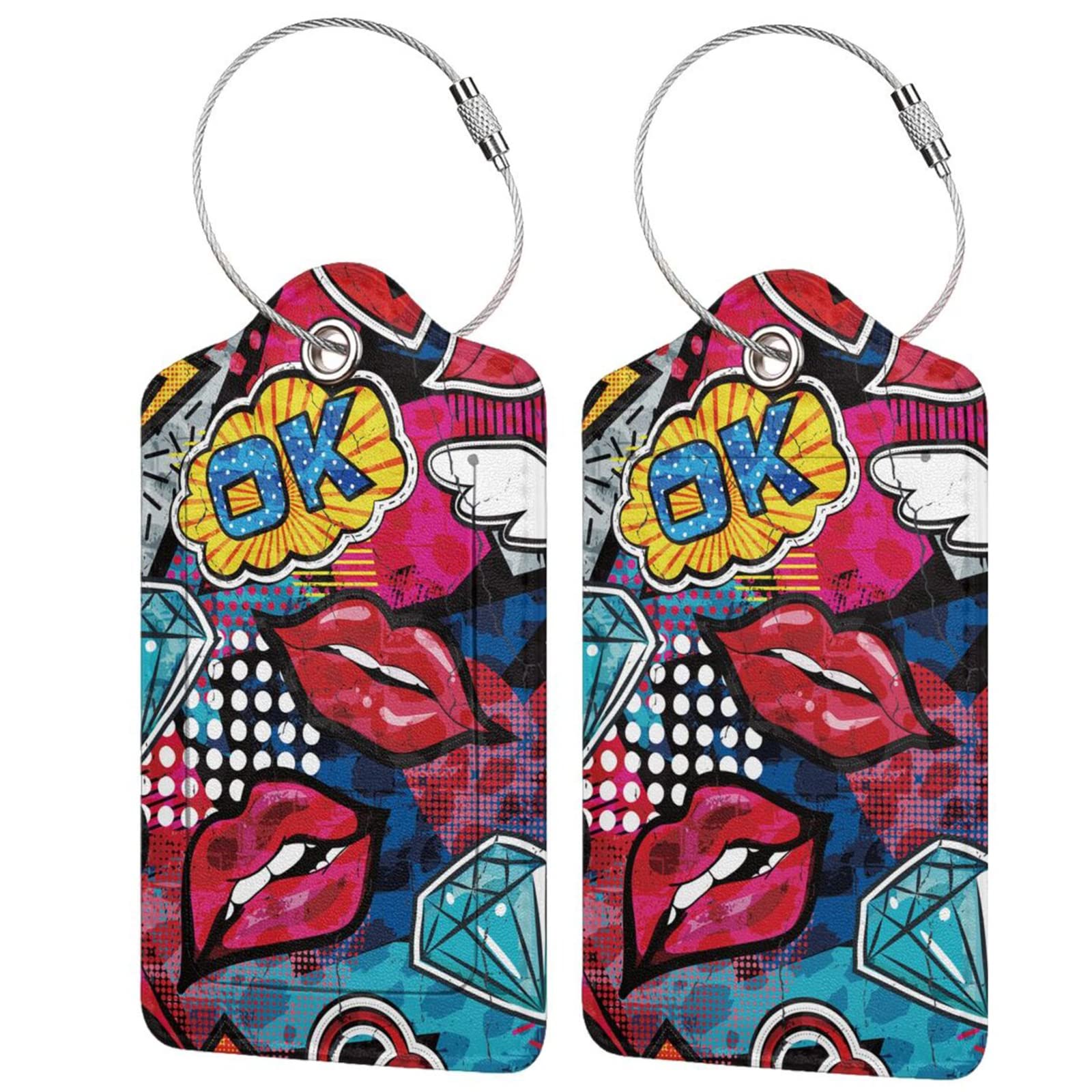 2 Pack Funny Luggage Tags with Red Lips Pattern for Suitcases, Colorful PU Leather Luggage Tag Accessories Privacy Cover ID Label with Stainless Steel