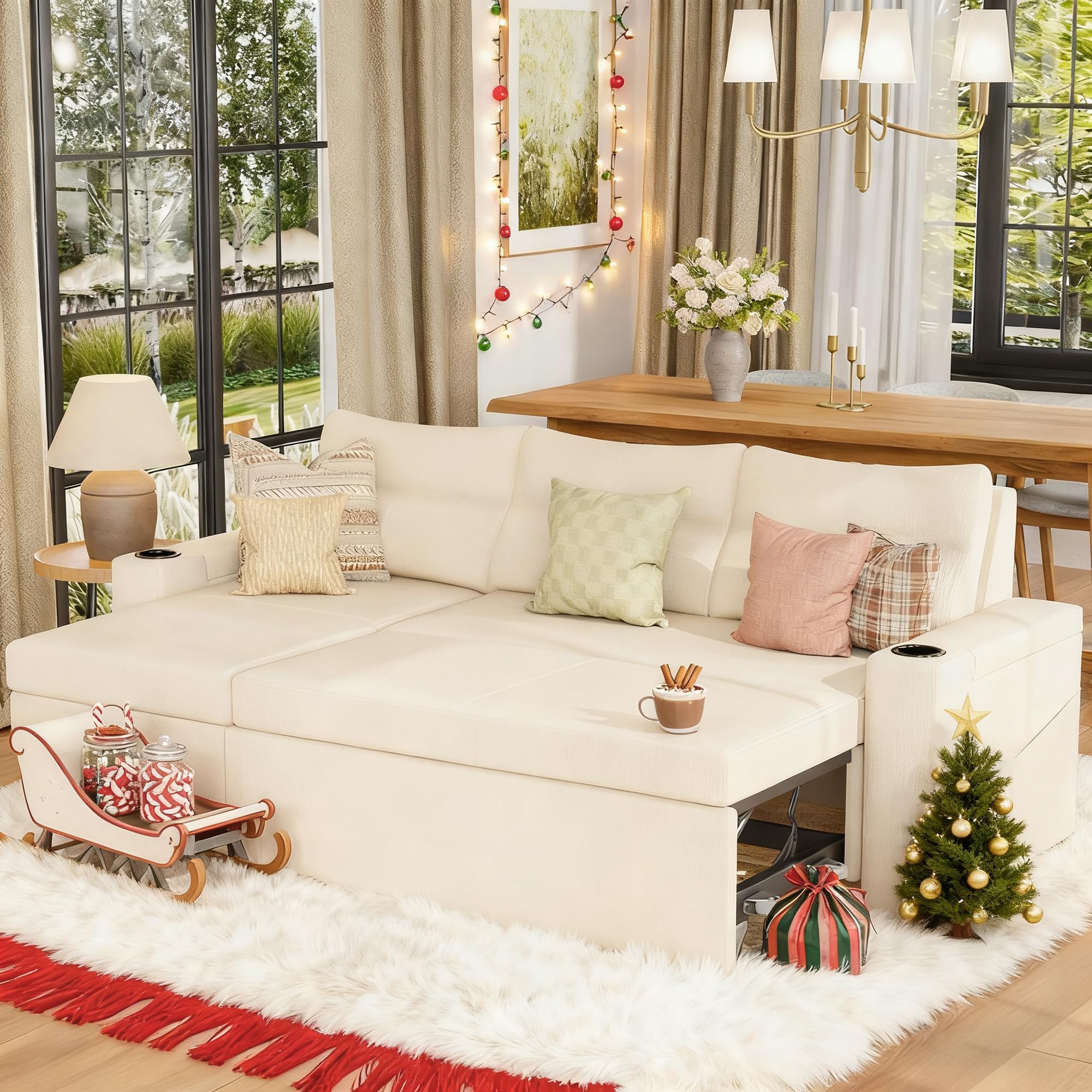 Pamapic 81" Sleeper Sofa with Armrest Storage,L-Shaped Sofa with Supportive Cushions,Cup Holders,Side Pockets,Pull Out Sleeper Sofa Bed,Pullout