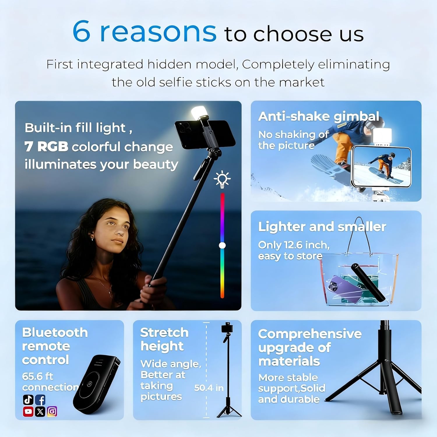 BOMIDI 50'' Phone Tripod with Remote, Tripod for iPhone, 6 in 1 Selfie Stick with Light & Holder, Extendable Cell Phone Stand for Video Recording (Black)