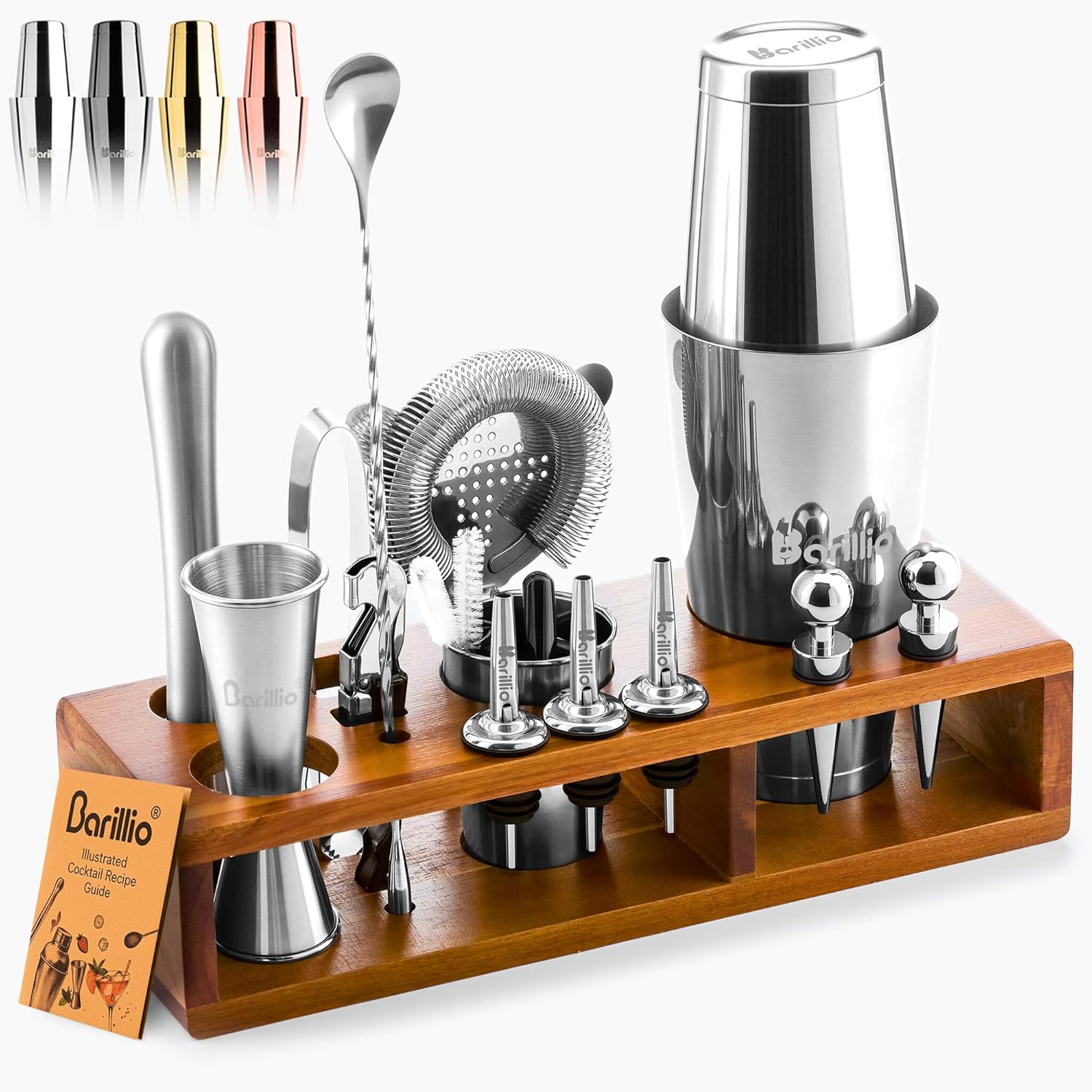 Barillio Bartender Kit – 23-Piece Stainless-Steel Cocktail Shaker Set with Premium African Mahogany Stand | Martini Barware Mixing Tools for Home Bartending | Gift Set