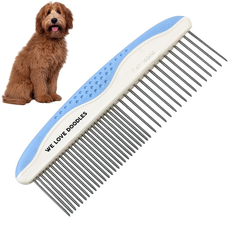 Pente metálico desembaraçador para cães We Love Doodles, dentes longos e cabo ergonômico, Small (Single)