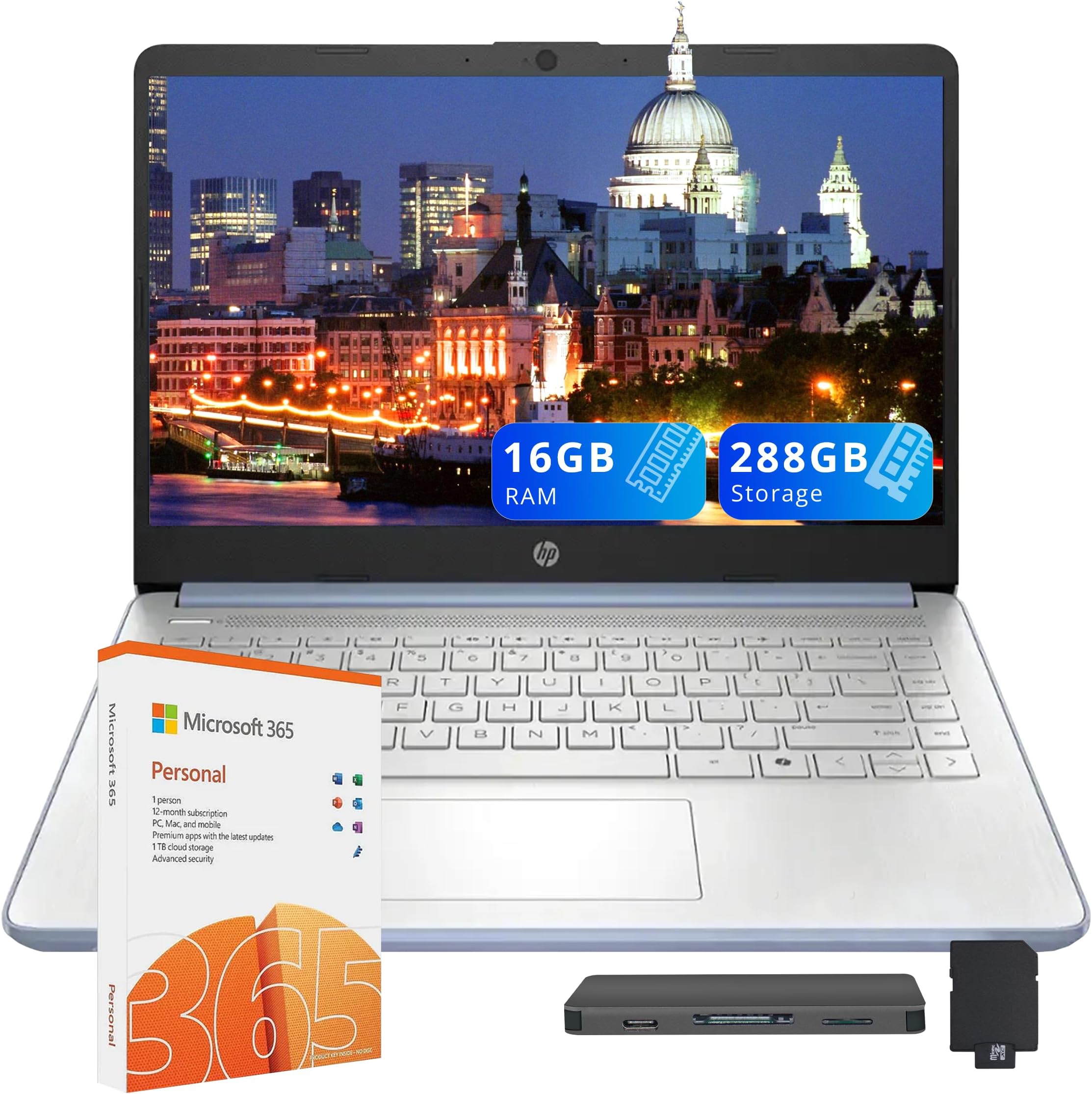 HP Flagship 14" HD Student&Business Laptop, Intel N150 CPU(Beats i3-1115G4), 16GB RAM, 288GB Storage (128GB UFS + 160GB Docking Set), W/1 Year Office 365&AI-Copilot, Webcam, Bluetooth, Win 11s, Blue