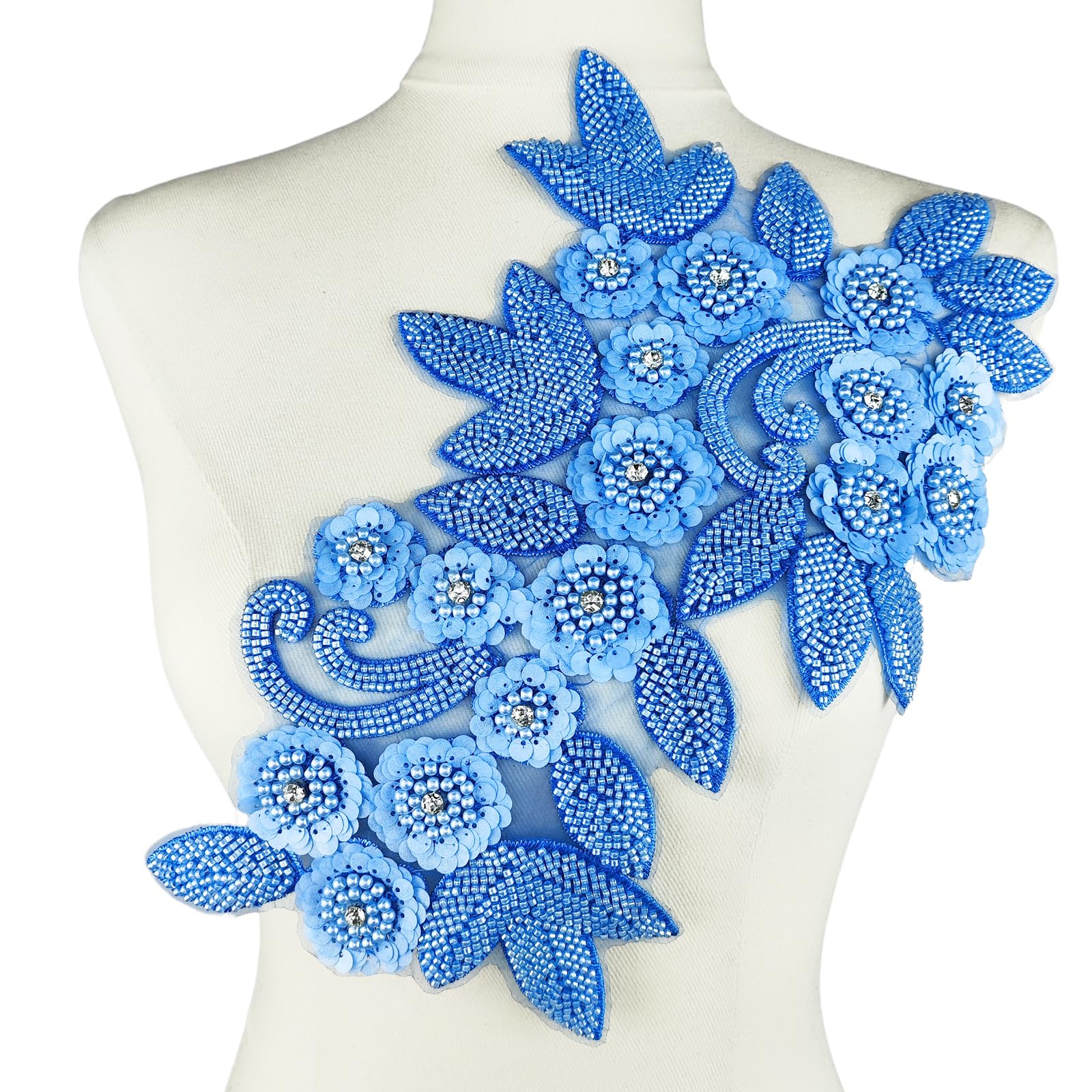 YOOGCORETT 1pcs 3D Lace Beaded Sequins Rhinestone Applique Patches Sew on Embroidered Patch Applique Decor for Clothing Wedding Dress Decoration 13.4 x 9.4 Inch, Navy Blue