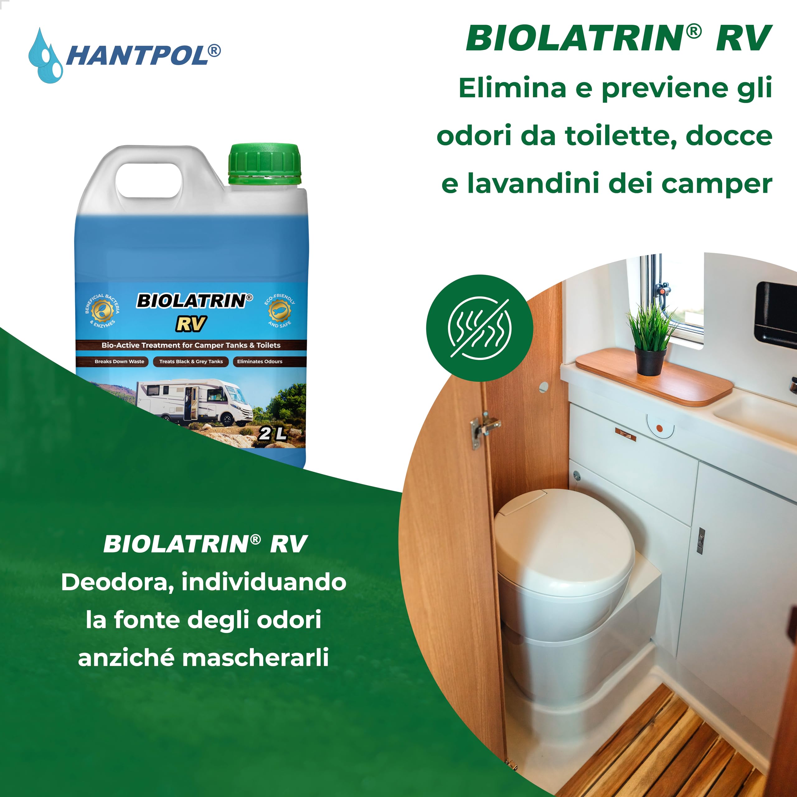 Liquido microbiologico - Detergente per serbatoio d'acqua per camper - per serbatoi neri e grigi - elimina i cattivi odori da docce, lavandini e scarichi nei camper.