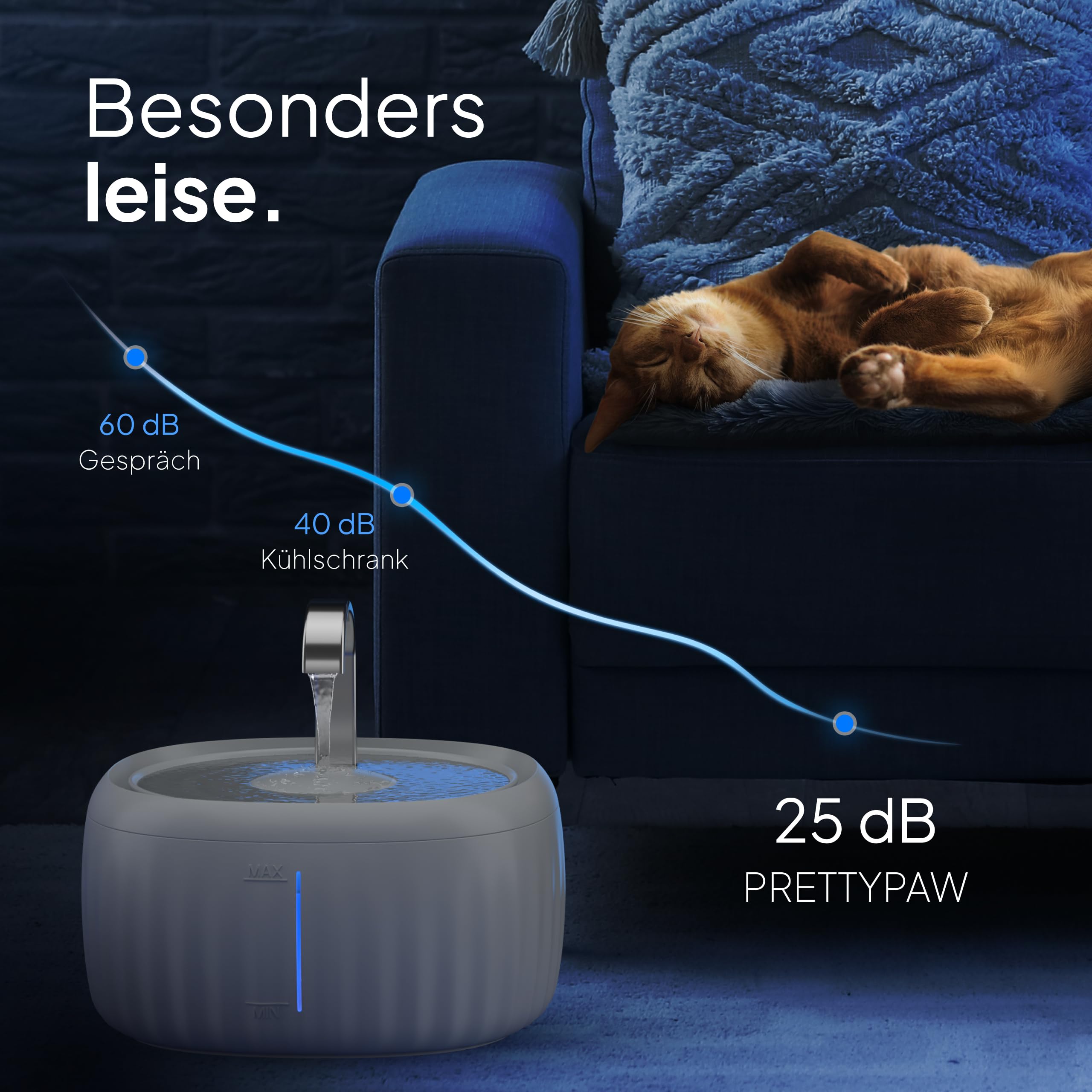 PrettyPaw Katzenbrunnen - Super leiser, BPA-freier 3L Trinkbrunnen für Katze mit LED und Aktivkohlefilter - Leicht zu reinigender Katzen Trinkbrunnen - Aqua Flow (Grau)