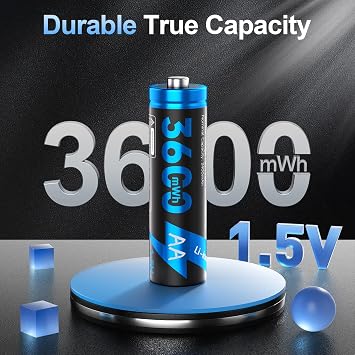 Rechargeable Lithium AA Batteries 12-Pack with 12-Slot Smart Charger, 3600mWh 1.5V Constant Lithium AA Batteries, Double A Battery Rechargeable 2000+ (Black)