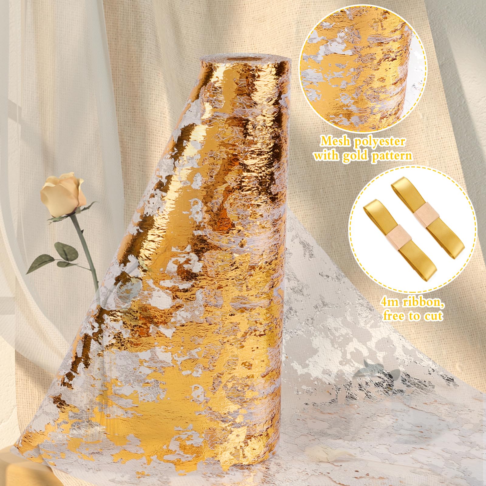 Runner da Tavolo, 28cm*15m Runner da Tavolo Dorato con 2 Natri Dorati Runner Decorativo in Poliestere Table Runner Decorazioni Eleganti per Tavolo per Casa Matrimonio Festa Compleanni