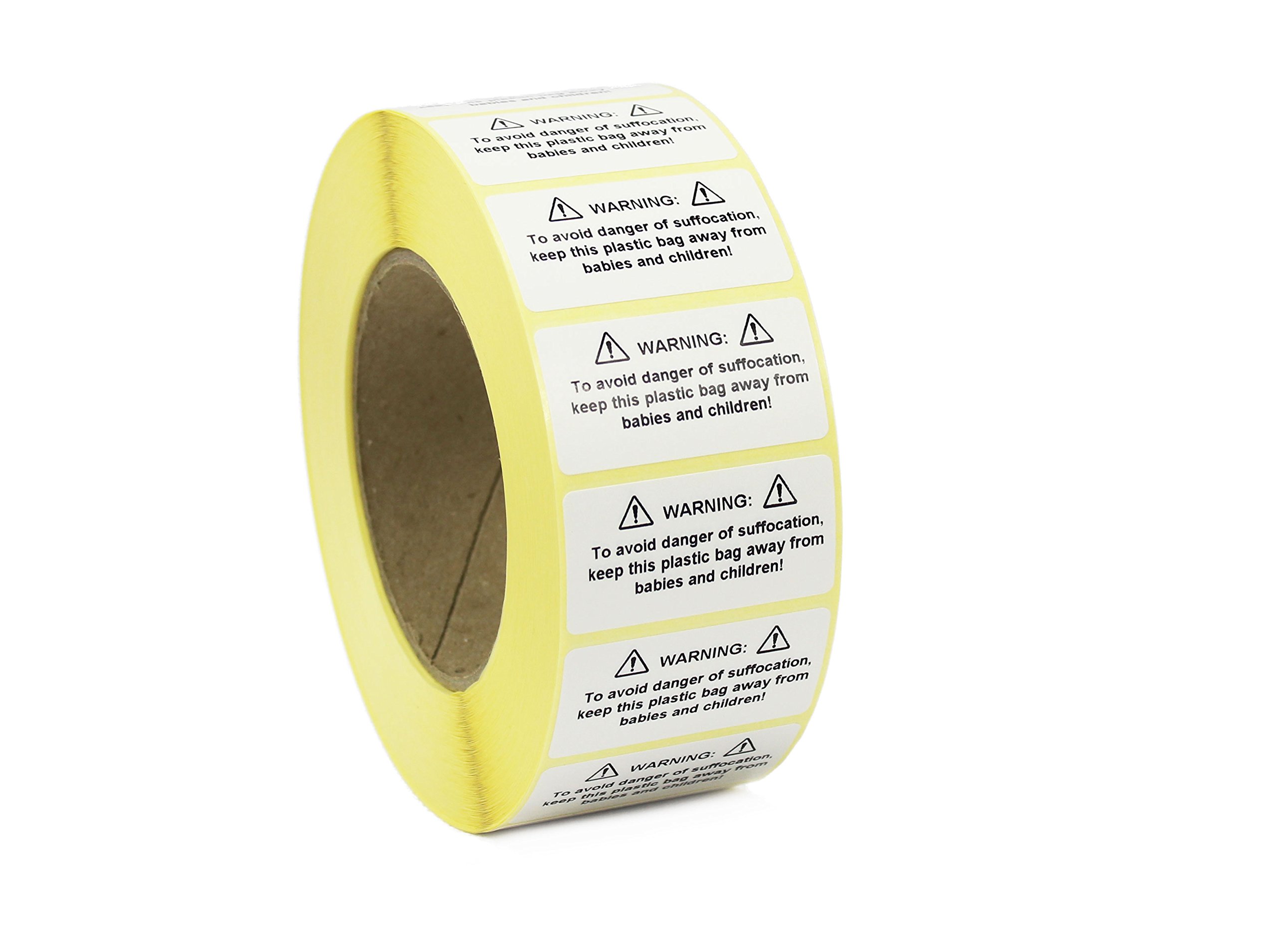 Label Metrics - Plastic Bag Suffocation Warning/Safety Labels/Stickers. White Label, Black Print. 50mm x 25mm Permanent Adhesive (1,000 Labels)