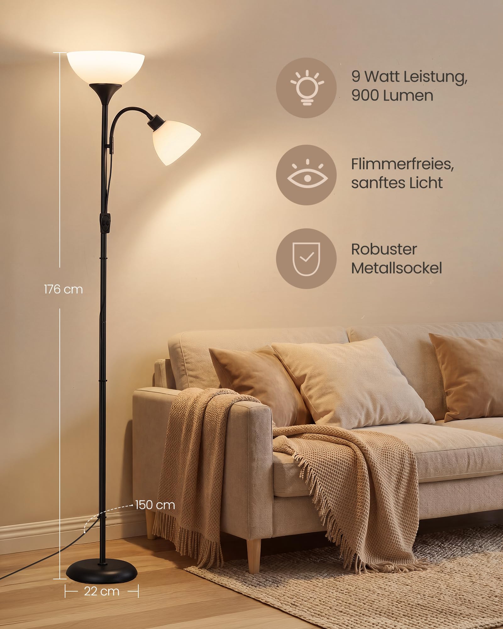 VASAGLE Deckenfluter mit Leselampe, Stehlampe 176 cm Standleuchte für E27 LED-Leuchtmittel geeignet mit verstellbarem Lesearm, Stehleuchte für Wohnzimmer, schlafzimmer, Büro, Mattschwarz, LFL019B102