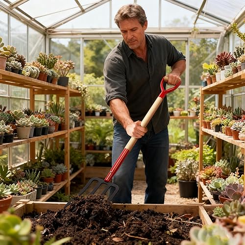 Miniatura 6 de Tenedor de jardín resistente para excavar, tenedor de 4 dientes para abono de jardinería, tenedor de jardín con mango de madera, 45 pulgadas