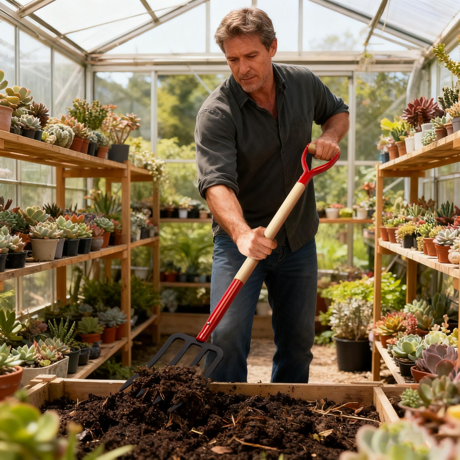 Tenedor de jardín resistente para excavar, tenedor de paso de 4 dientes para abono de jardinería, tenedor de jardín con mango de madera, 45 pulgadas
