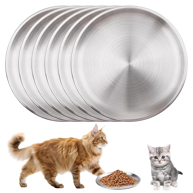6 Cuencos para Gatos Planos de Acero Inoxidable: 17 Cm, con Base Antideslizante, Comedero para Gatos