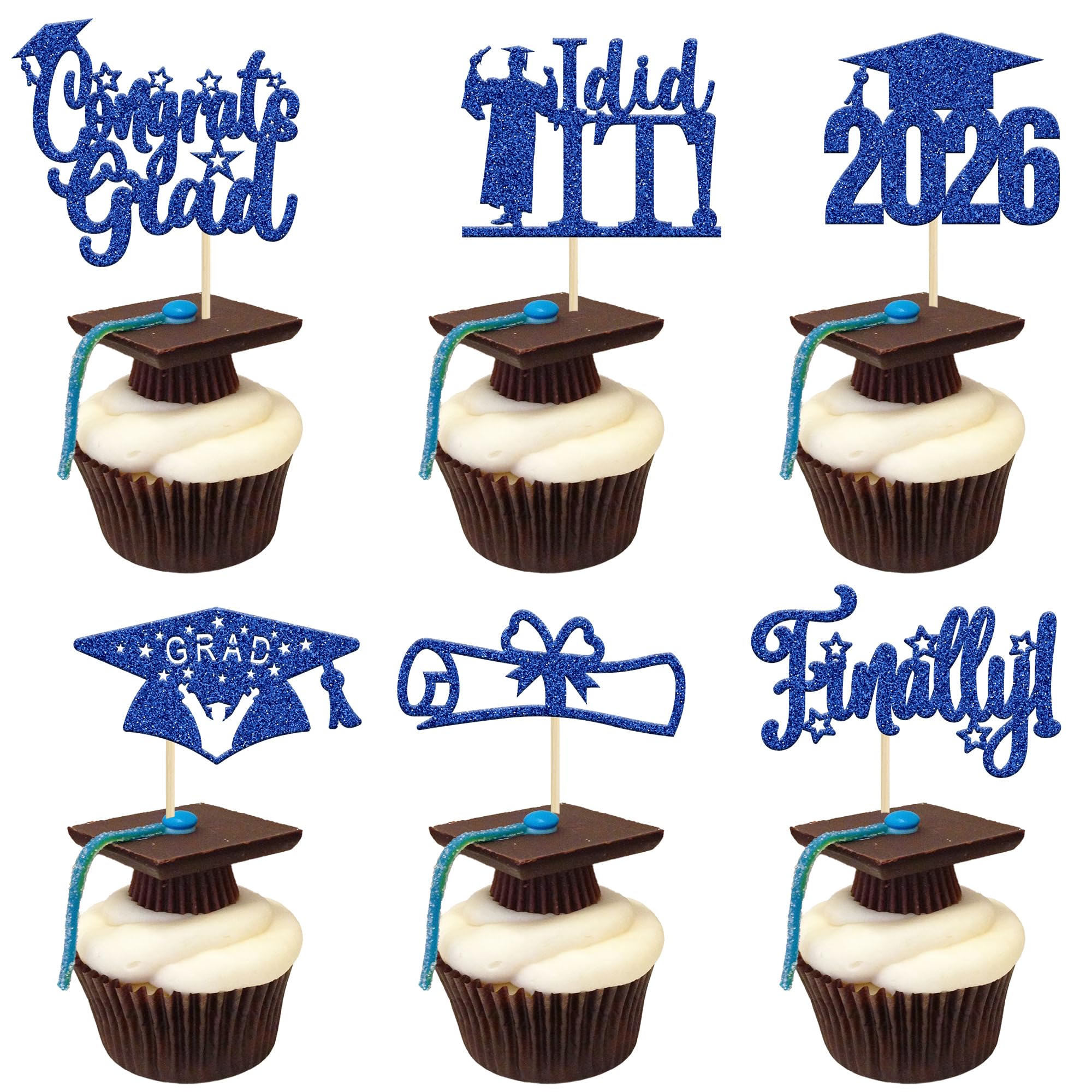 24 Pack Blue 2026 Graduation Cupcake Toppers Glitter Finally I Did It Done Diploma Grad Cap Cupcake Picks 2026 Graduation Cap 2026 Cake Decorations for 2026 Party Decorations