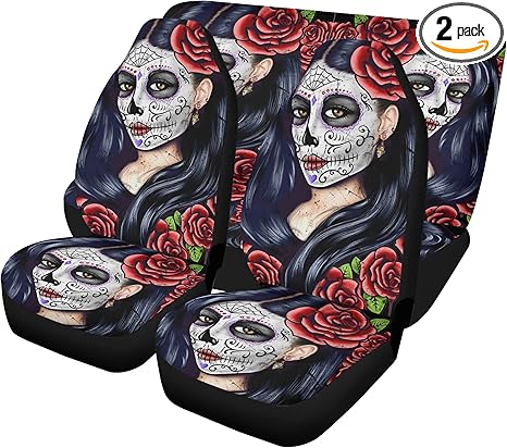 Mexican Fiesta Sugar Skull Car Seat Covers and Glitter Car Mats Día de Los Muertos Candy Skull Universal Car Seat Cover, Cute Car Floor Mat Auto Interior Set (2pcs Front mats)