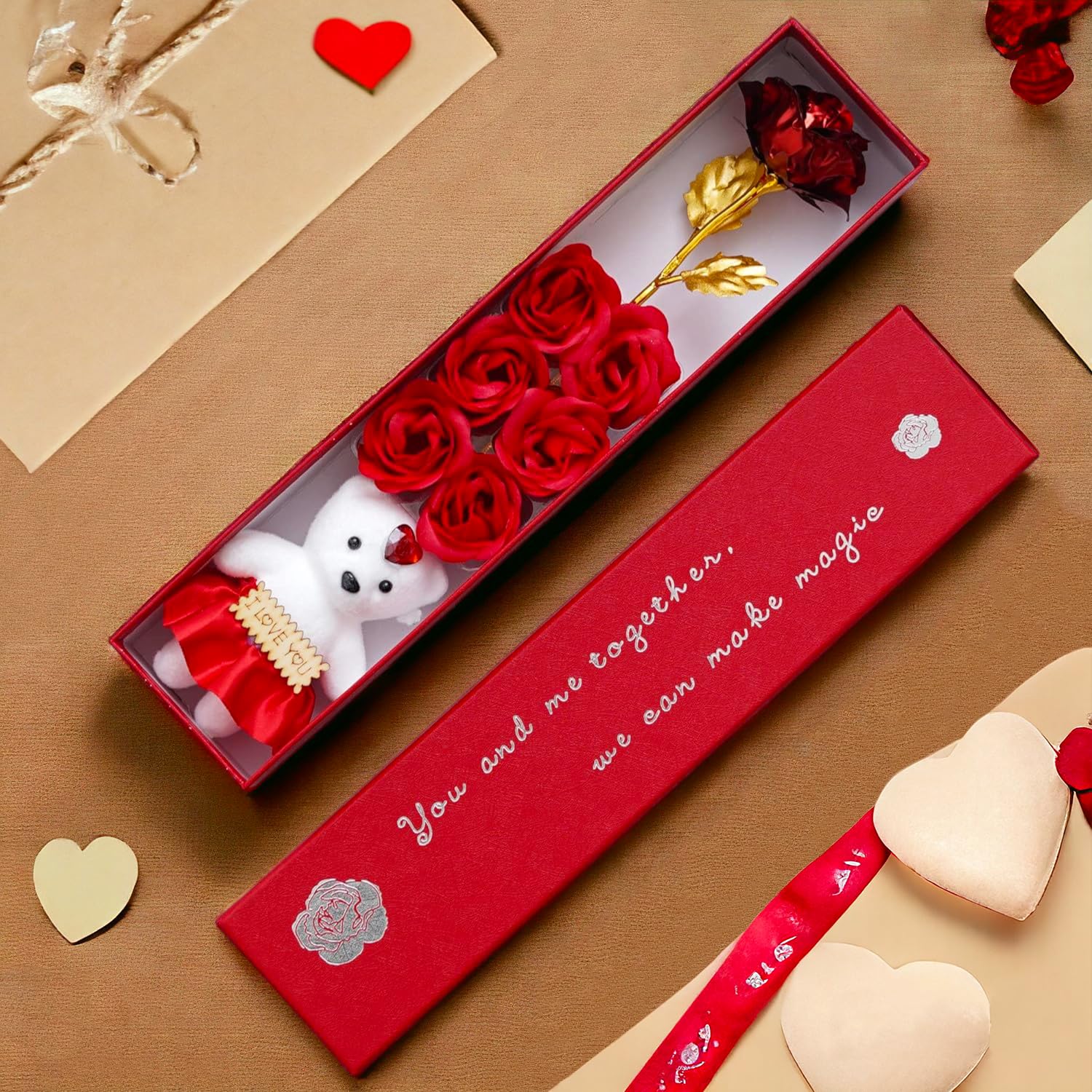 ascension Plastic Artificial Flower & Teddy Gift Box Red Rose with Romantic I Love You Teddy Bear Valentine Gifts for Girlfriend Boyfriend Lovely Gift Item for Valentine Week Teddy,Rose Day Gift Box