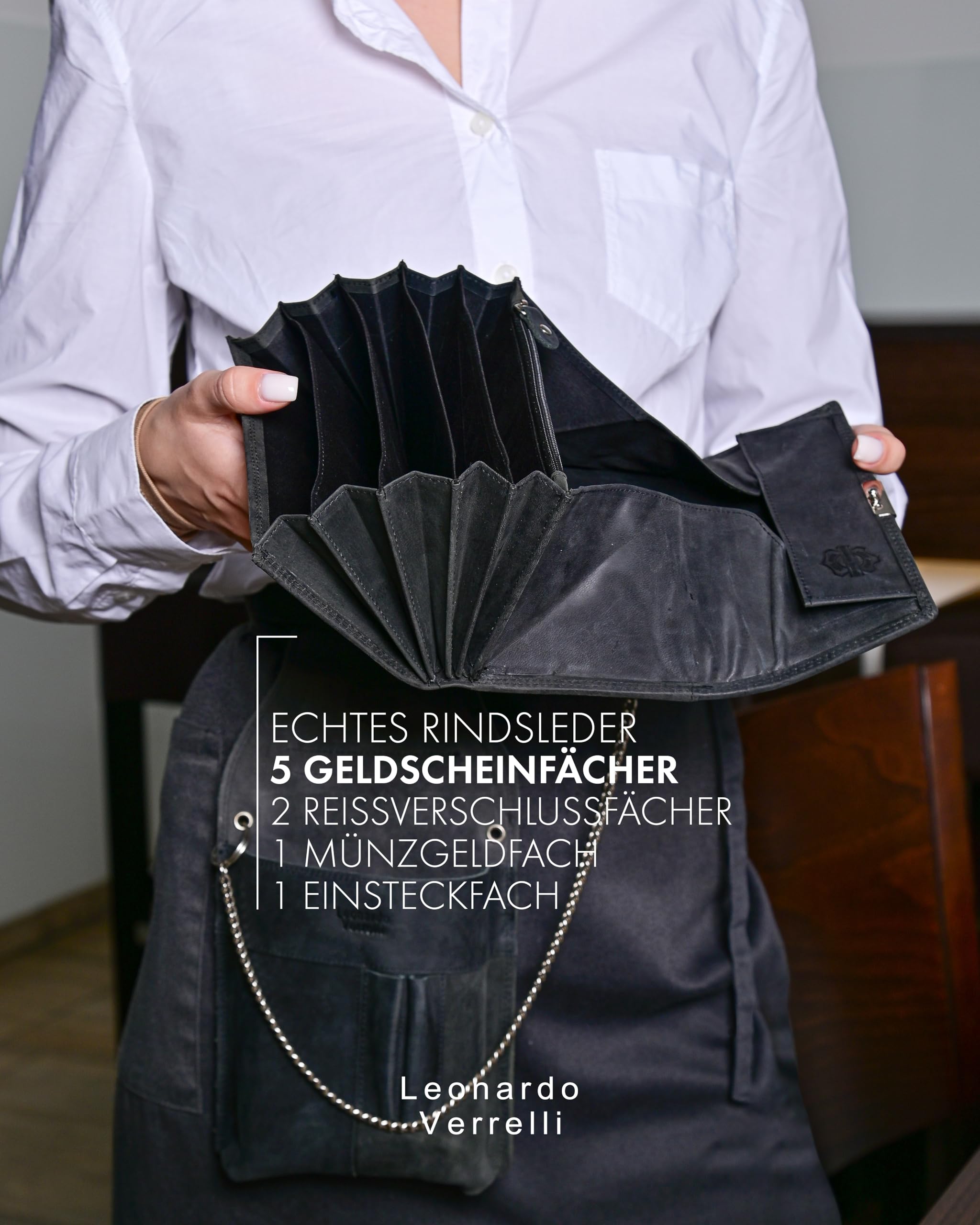 Kellner Geldbörse aus Leder, Kellnerbörse, Geldbeutel, Damen Herren Portemonnaie mit oder ohne Holster, Steck-Tasche, mit Kette und großem Münzfach (Echtleder Hunterstil - Schwarz)