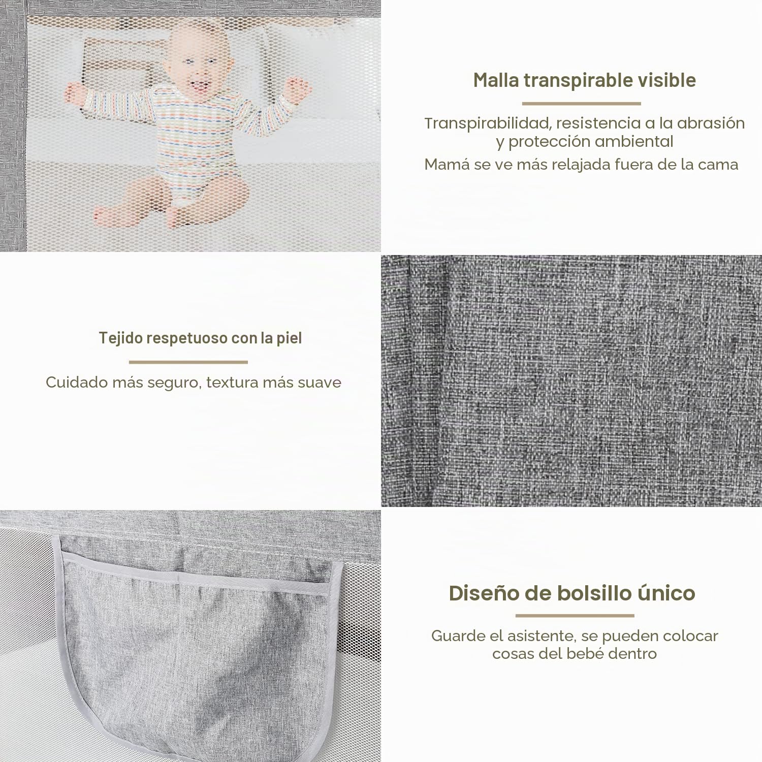 Barrera de cama para niños pequeños, altura ajustable 60-96 cm, barrera para cuna de bebé 180 x 80 cm, para cunas, gris