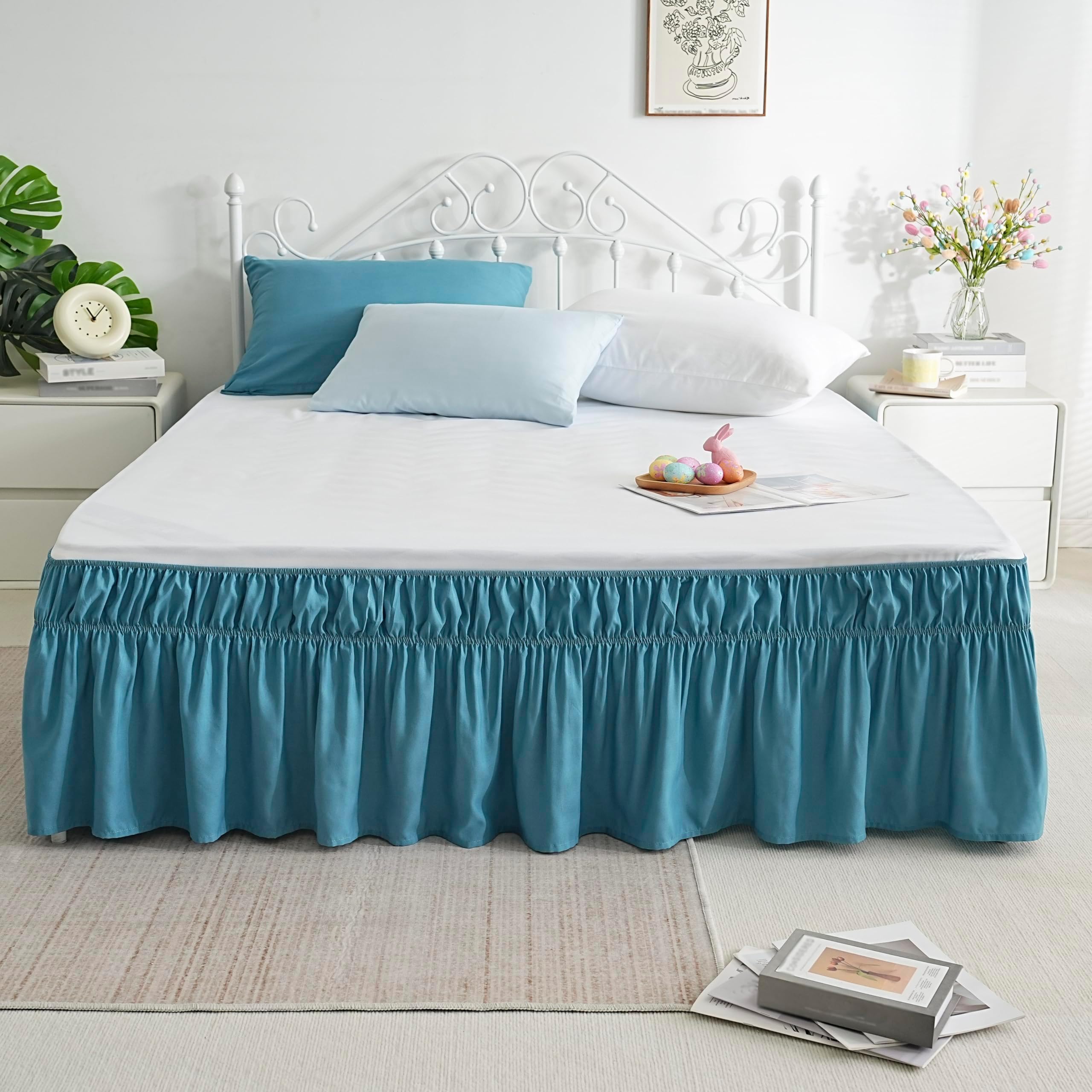 AYASW Bed Skirt Queen Size 14 inch Drop Premium Soft and Cozy 1800 Brushed Microfiber Dust Ruffle Three Fabric Sides Wrap Around with Elastic No Top Cover Easy On Holiday Decor Teal Blue