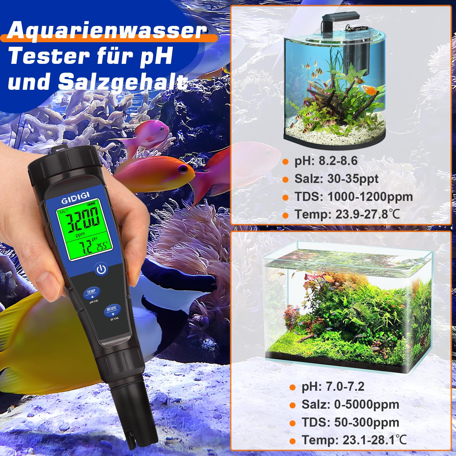 pH Messgerät Salztester für Pool,Digitales 5-in-1 pH TDS EC Salzgehaltmessgerät mit Kalibrierungslösungssatz, pH ppm Meter für Salzwasserpool, Aquarium, Whirlpool, Spa, Hydrokultur, Hausgebräu