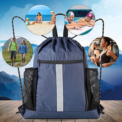 Miniatura 5 de BeeGreen Mochila con cordón, bolsa de gimnasio deportiva negra, tamaño grande, con cremallera, botella de agua, bolsillos de malla, compartimento