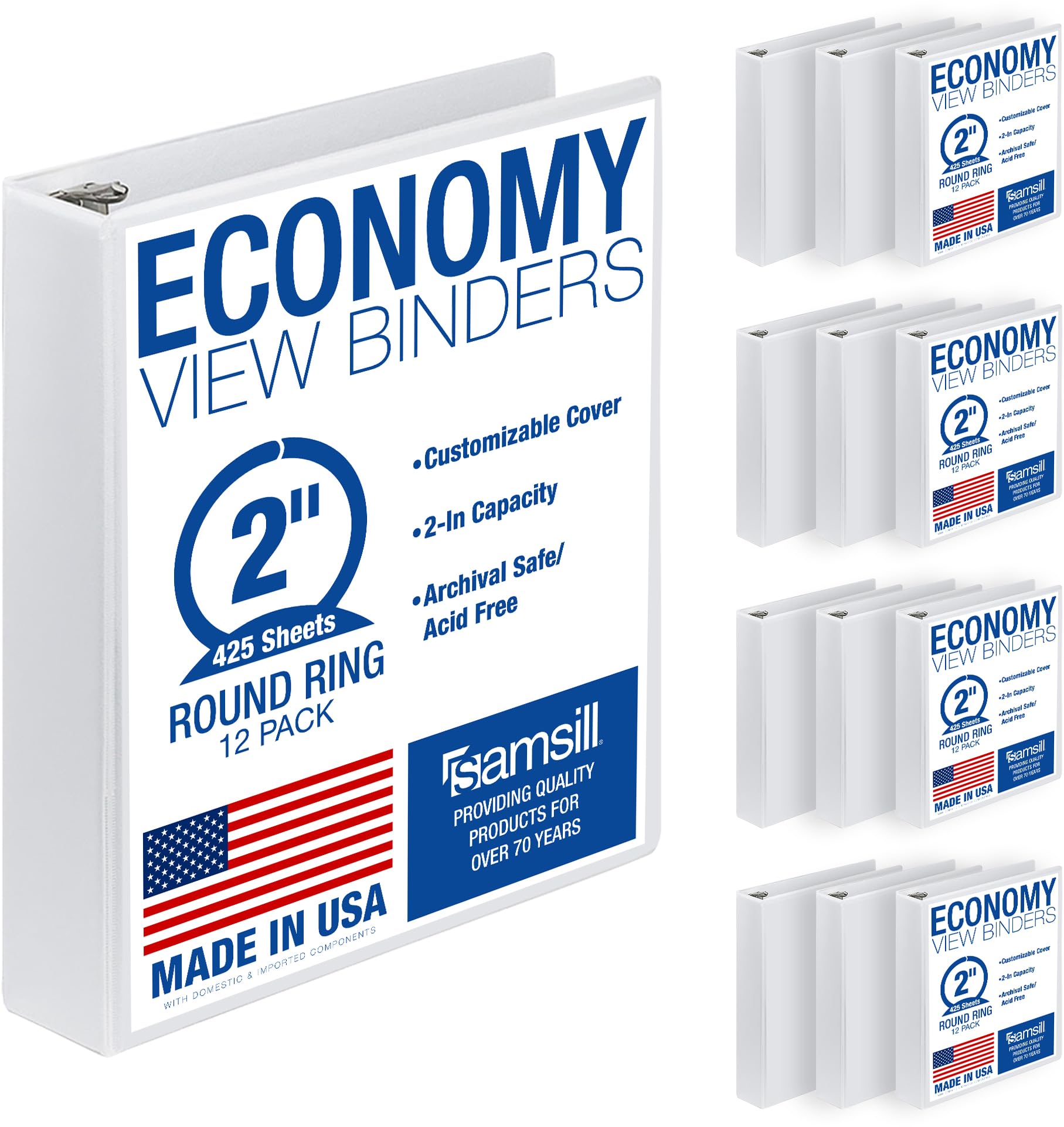 Samsill Economy 2 Inch 3 Ring Binder, Made in The USA, Round Ring Binder, Customizable Clear View Cover, White, 12 Pack (MP128567)