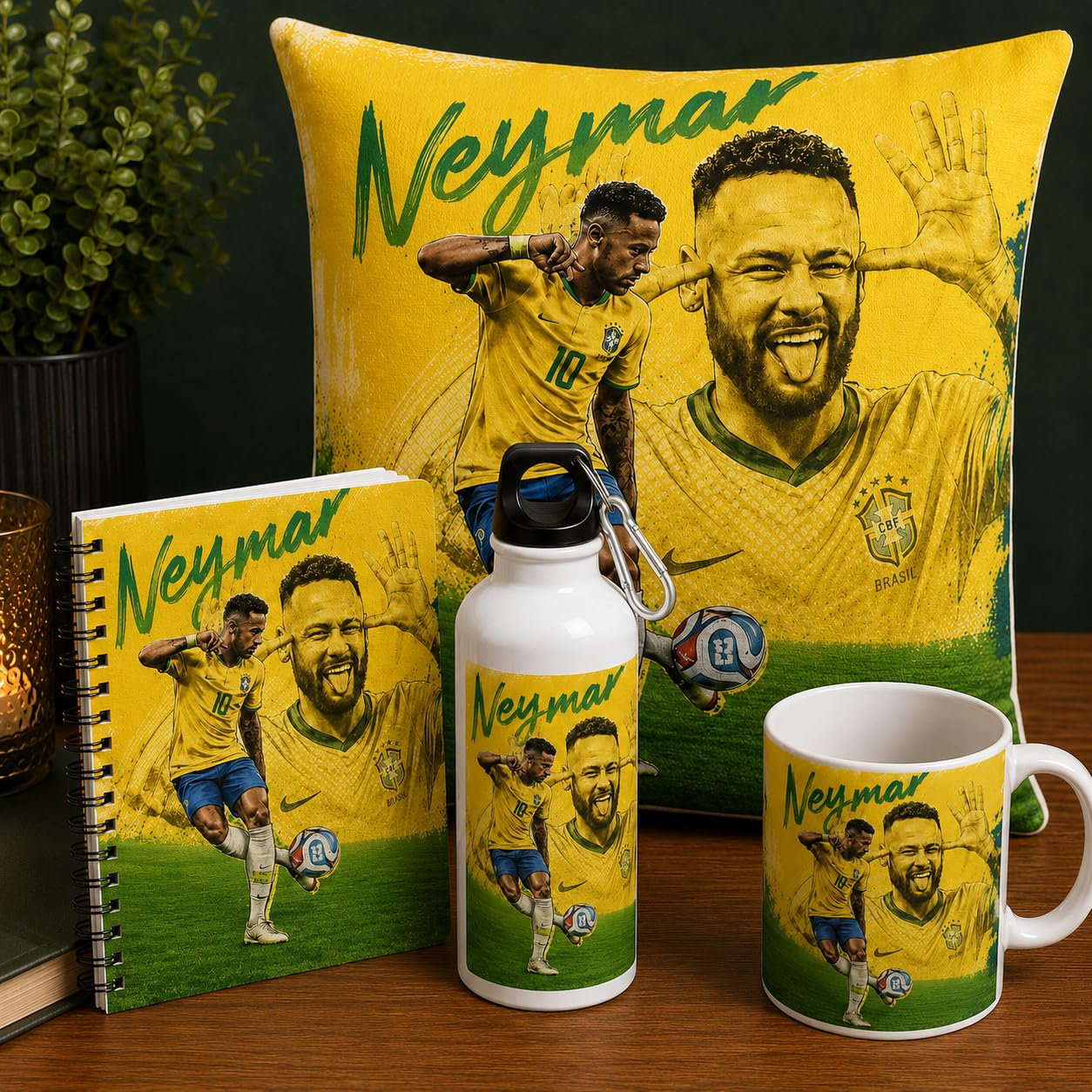 craft maniacs football neymar tease vast 4 set gifting combo: a pillow with filler, a5 sized spiral notebook, a 650ml sipper a 350 ml mug