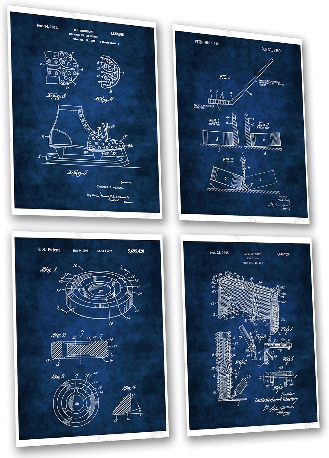 Ice Hockey Poster for Walls Set of 4 Unframed Blue Print Room Decor