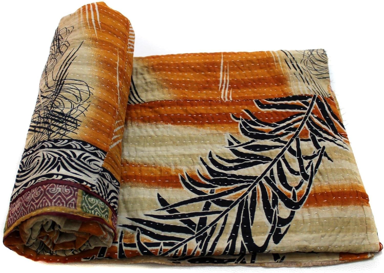 Vintage Throw Kantha Quilt Indian Handmade Bohemian Bedspread Reversible Cotton Ethnic Sari Fabric Embroidered Bedding Blanket Gudari